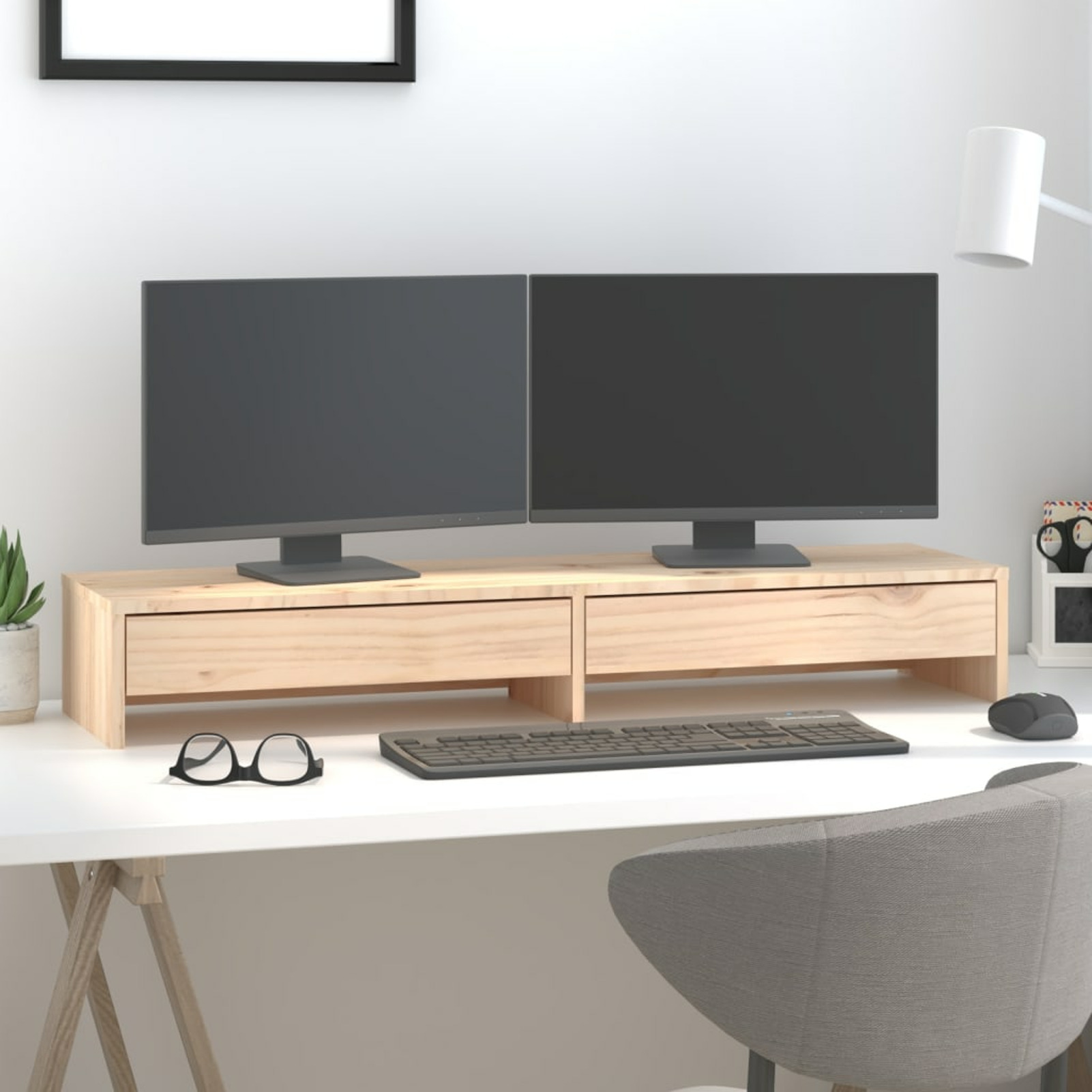 Solid Wood Pine Monitor Stand, Screen Riser for Desktop/Laptop, Featuring Spacious Surface and 2 Drawers, Home and Office Decor, Brown