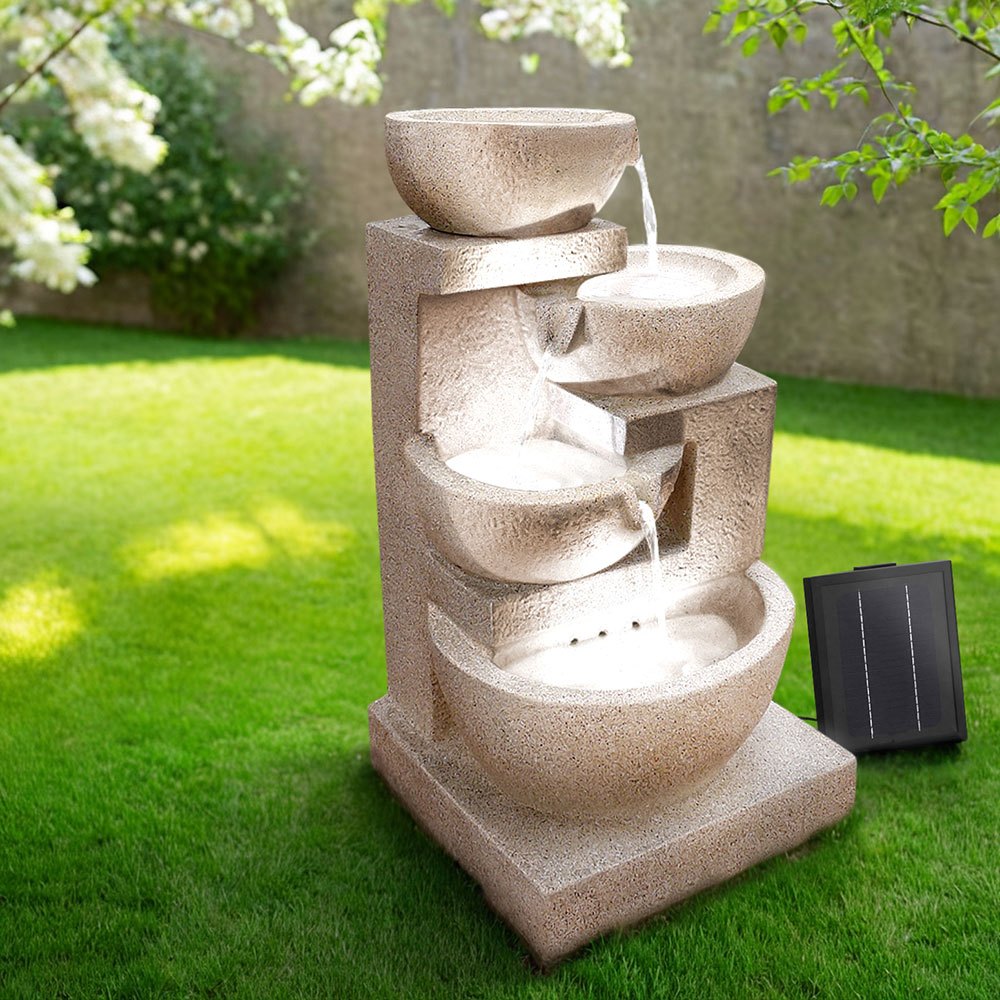   solar water feature cascading fountain 4 tier bowl led lights 72cm sand