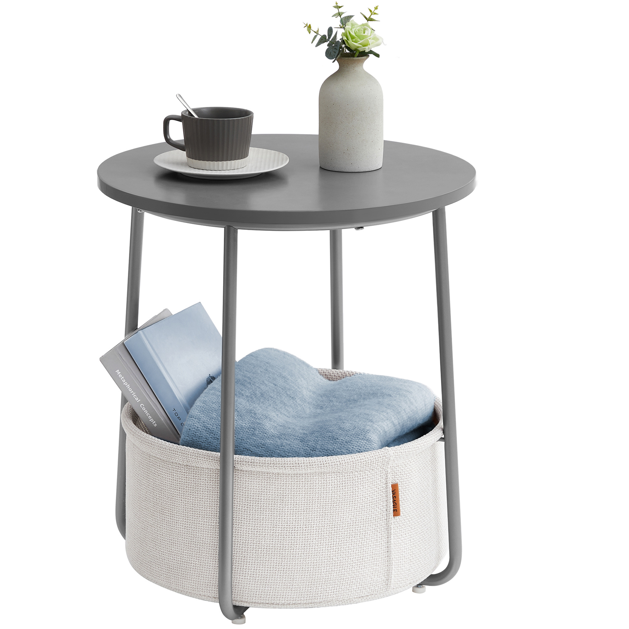 TEMU Modern Round Side Table With Fabric Storage Basket - Space-saving, Metal Legs For Living Room & Bedroom