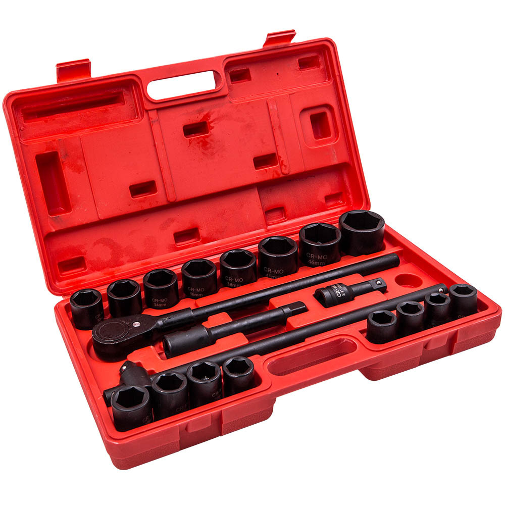 Impact Deep Socket Set Ranging From 19mm To 50mm With A 3/4" Ratchet Extension And A Sliding Bar