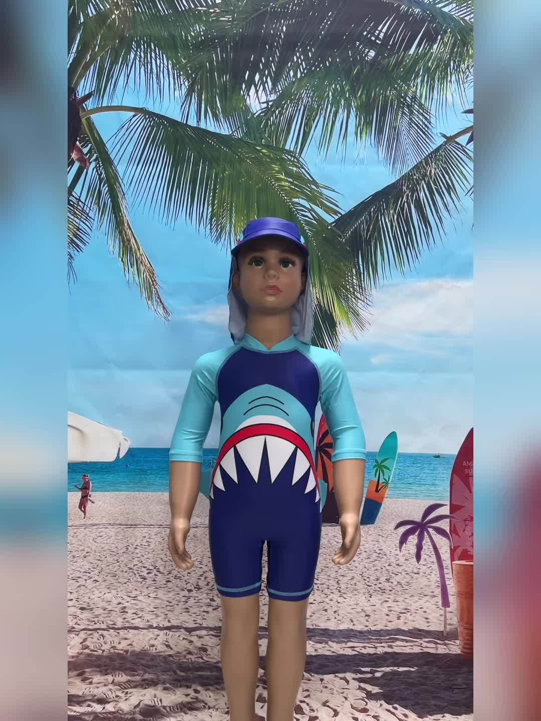 Maillot De Bain Garçon Une Pièce Manches Longues - Combinaison Plage Motif Requin + Bonnet - 2-7 Ans