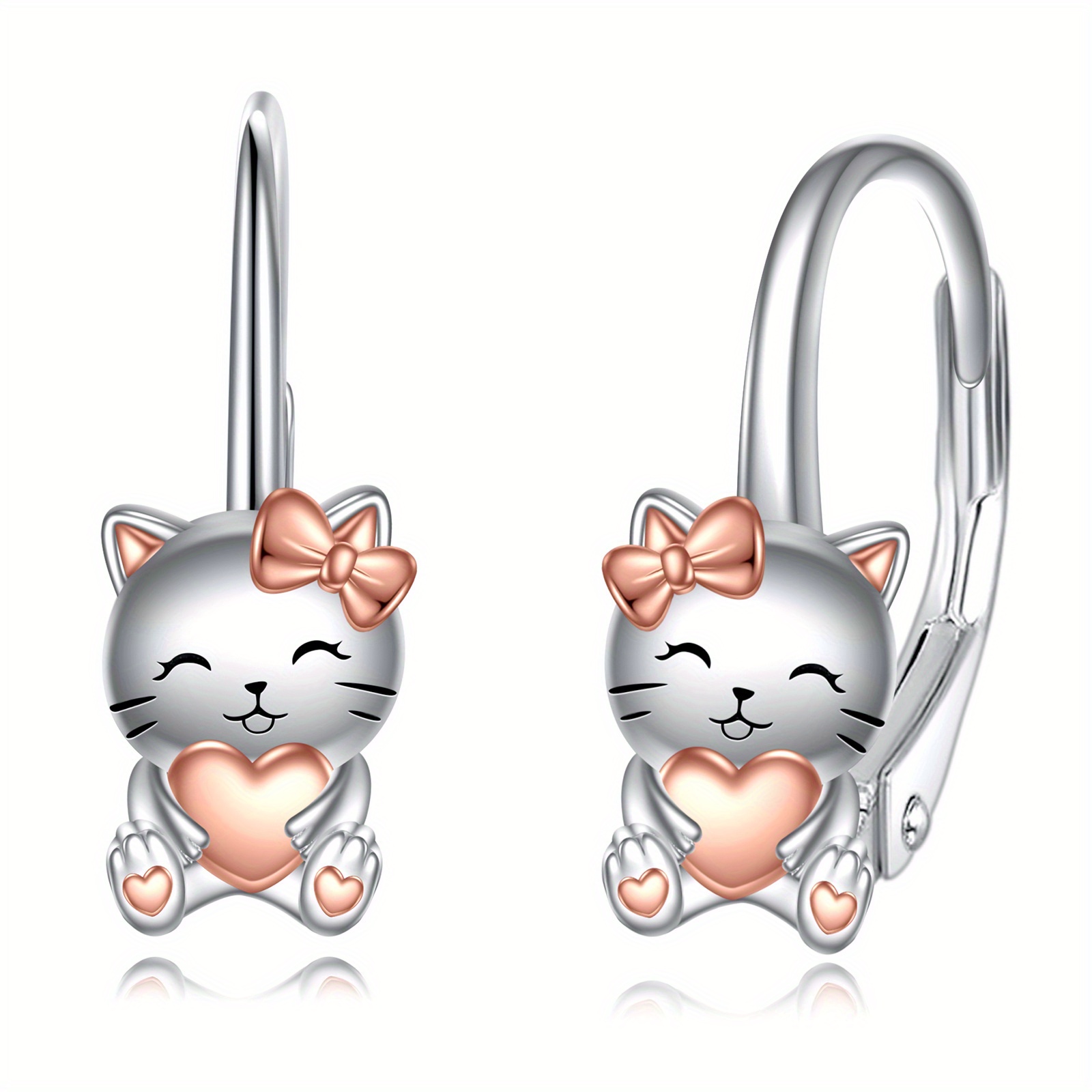 Image of 925 Sterling Silvery Cat Earrings Leverback Jewelry For Women S (cat), Best For Christmas