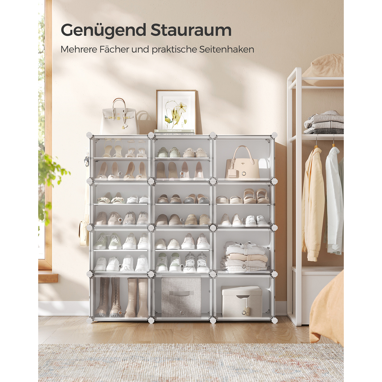 Shoe Rack With 12 Compartments, Shoe Cabinet, 30 X 40 X 30 Cm Per Compartment, Narrow, With Doors, , Plastic, For Hallway, Bedroom, Entrance Area.