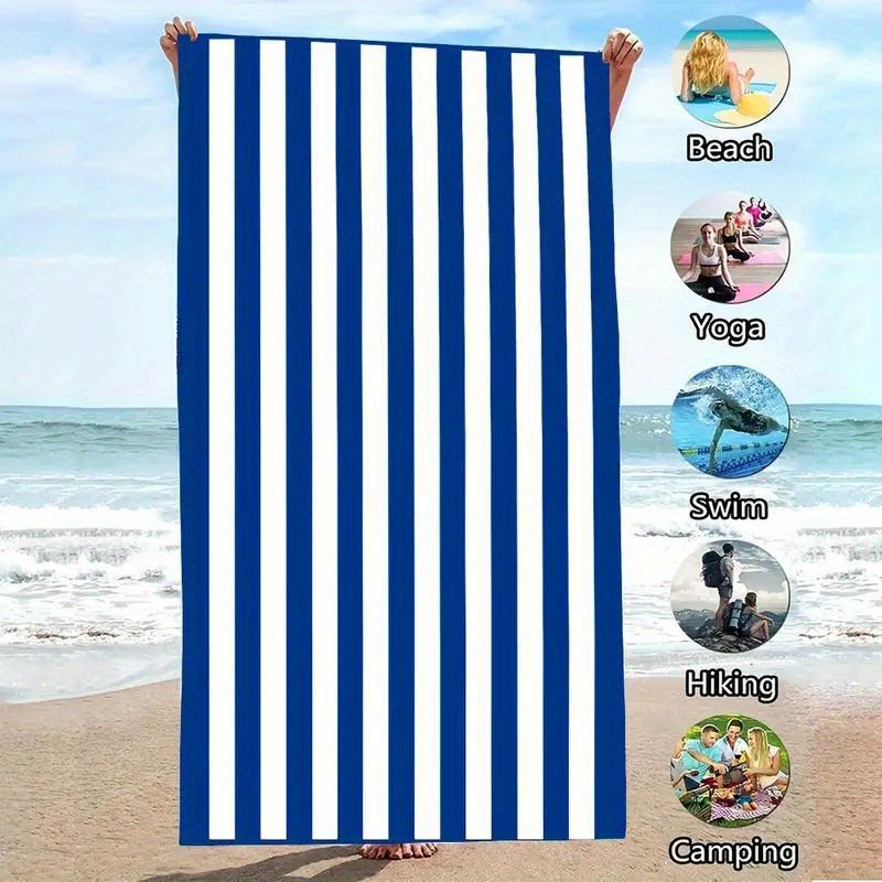 TEMU 1pc Of Oversized Blue And White Striped Beach Towel | 250gsm High-absorbent Quick-drying Anti-sand Polyester, Machine Washable, Suitable For