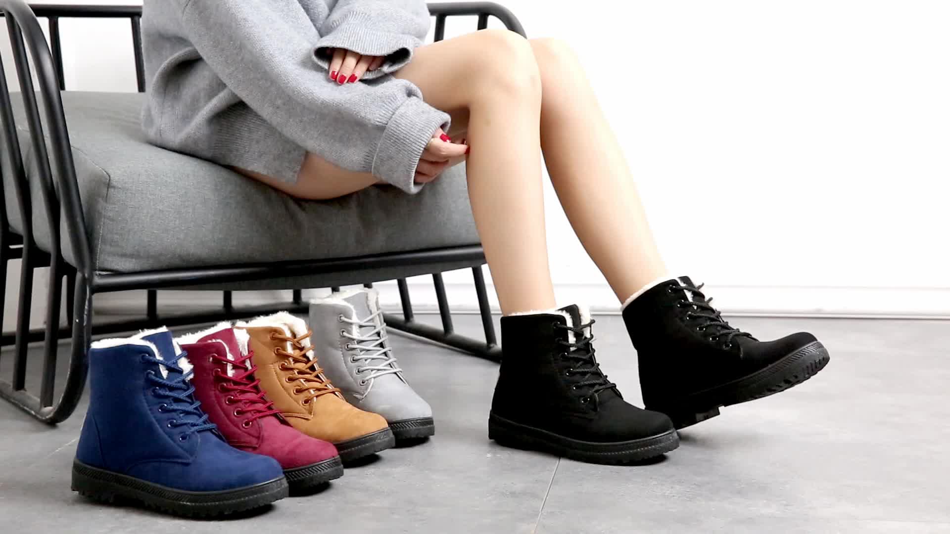 Round Toe Lace Boots Women s Warm Faux Fur Lined Ankle Boots