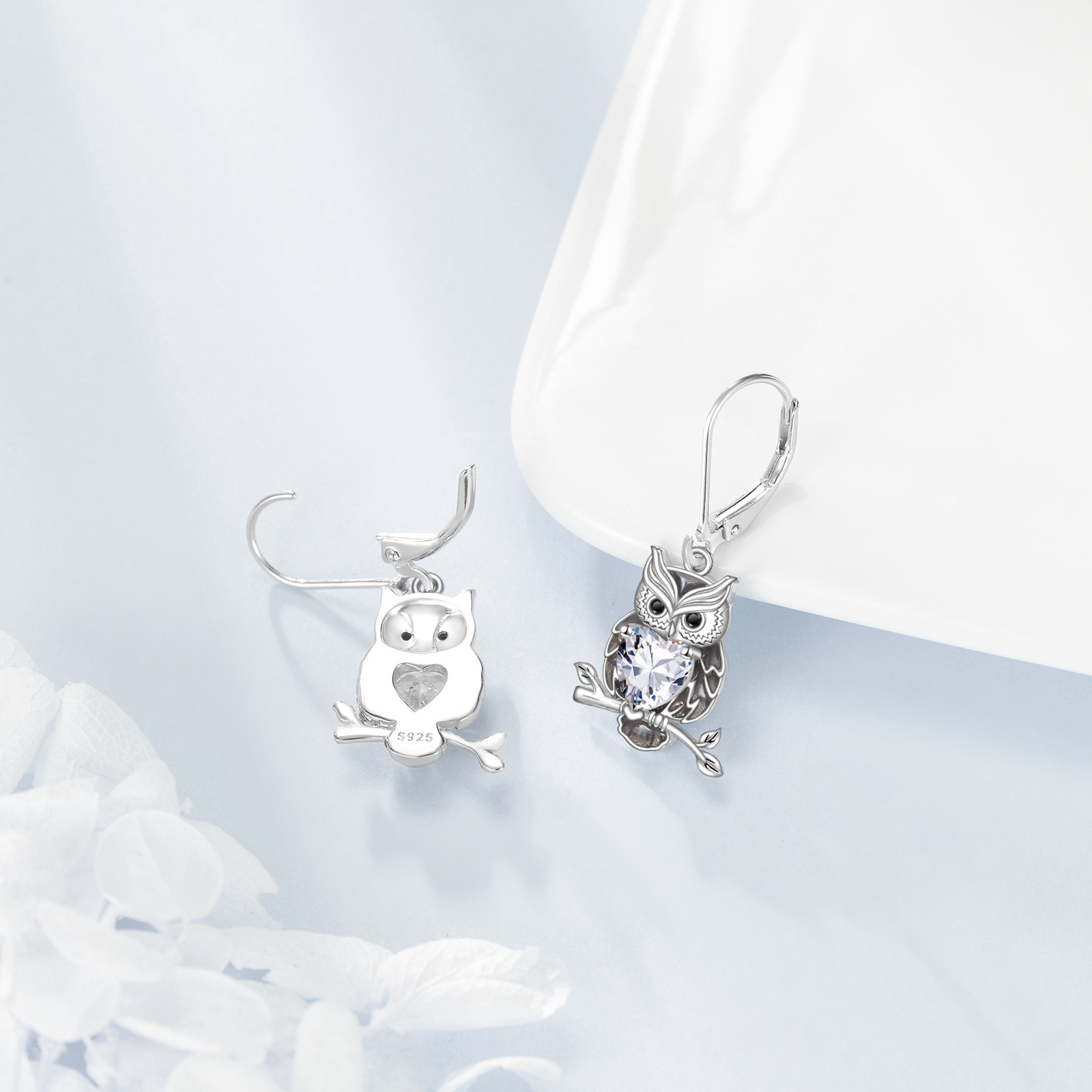 Image of 925 Silver Synthetic Zirconia Owl Earrings For Everyday Wear, Perfect As Birthday Or Valentine's Gifts, Meaningful Presents For