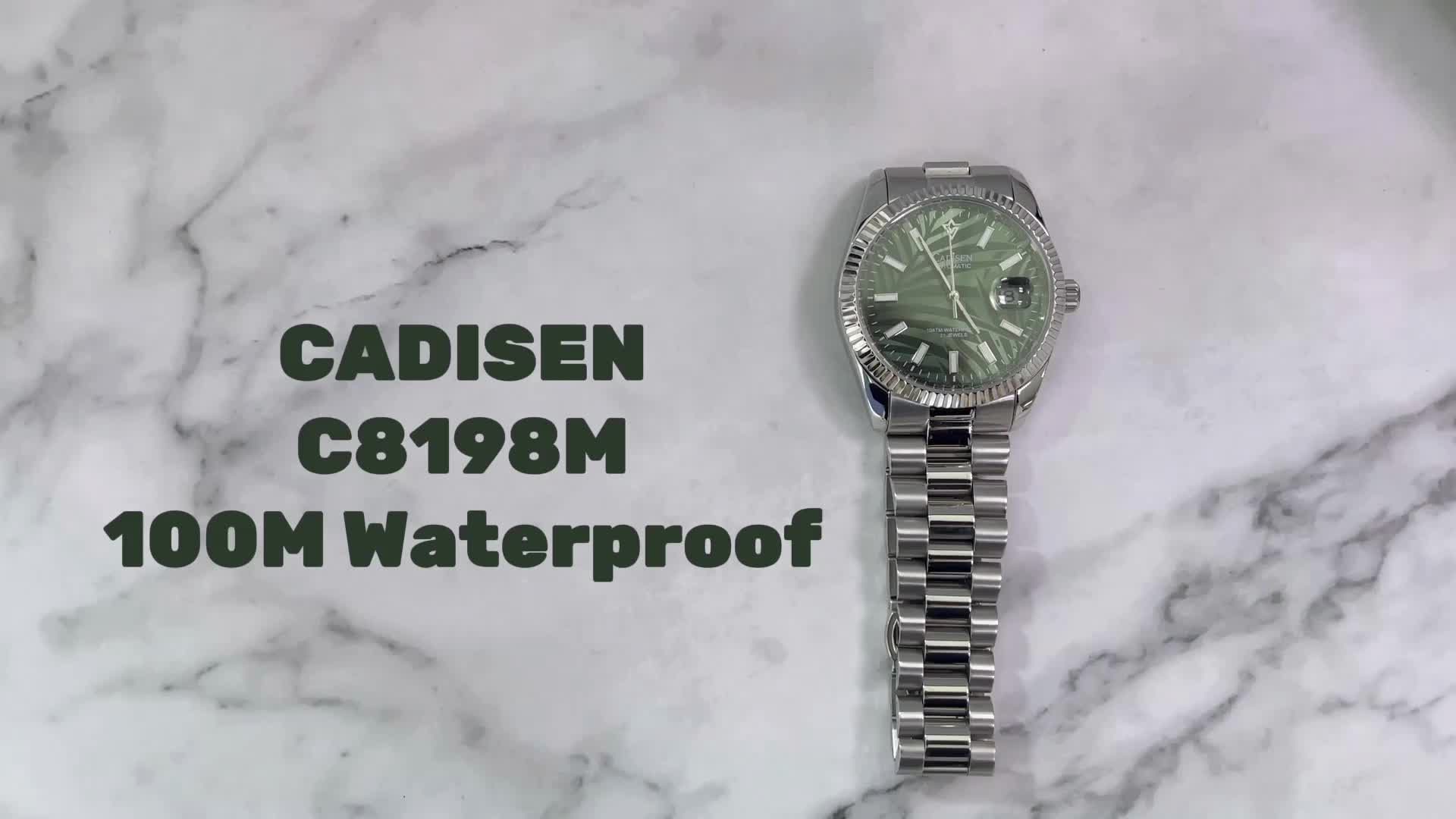CADISEN パームリーフダイヤル機械式腕時計高級自動時計ステンレススチール防水オリーブグリーンウォッチ