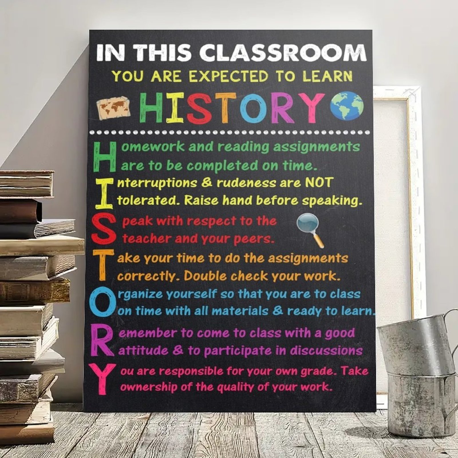 1pc Retro Classroom Canvas Poster - In This Classroom History Decor with Educational Quotes, Durable Wrapped Canvas Wall Art for Social Studies Teachers, Elementary Middle High School Decor, Vibrant Art Deco Style Home & Classroom Decor, Classroom Decorations Themes, Teacher Supply Room, Artistic Typography, Highquality Print, Textured Finish