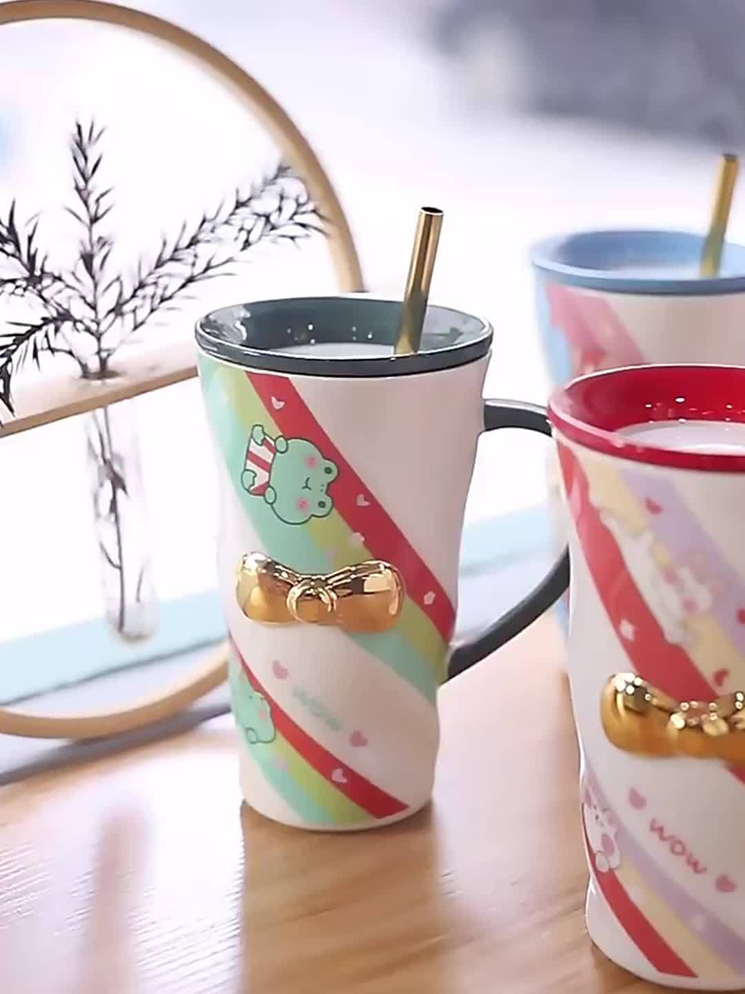 Cute Glass Coffee Mug With Lid And Straw Spoon Kawaii Glass - Temu