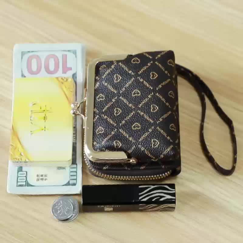 Retro Mini Clutch Wallet, Classic Kiss-Lock & Zipper Coin Purse, Card Case  With Removable Wristlet