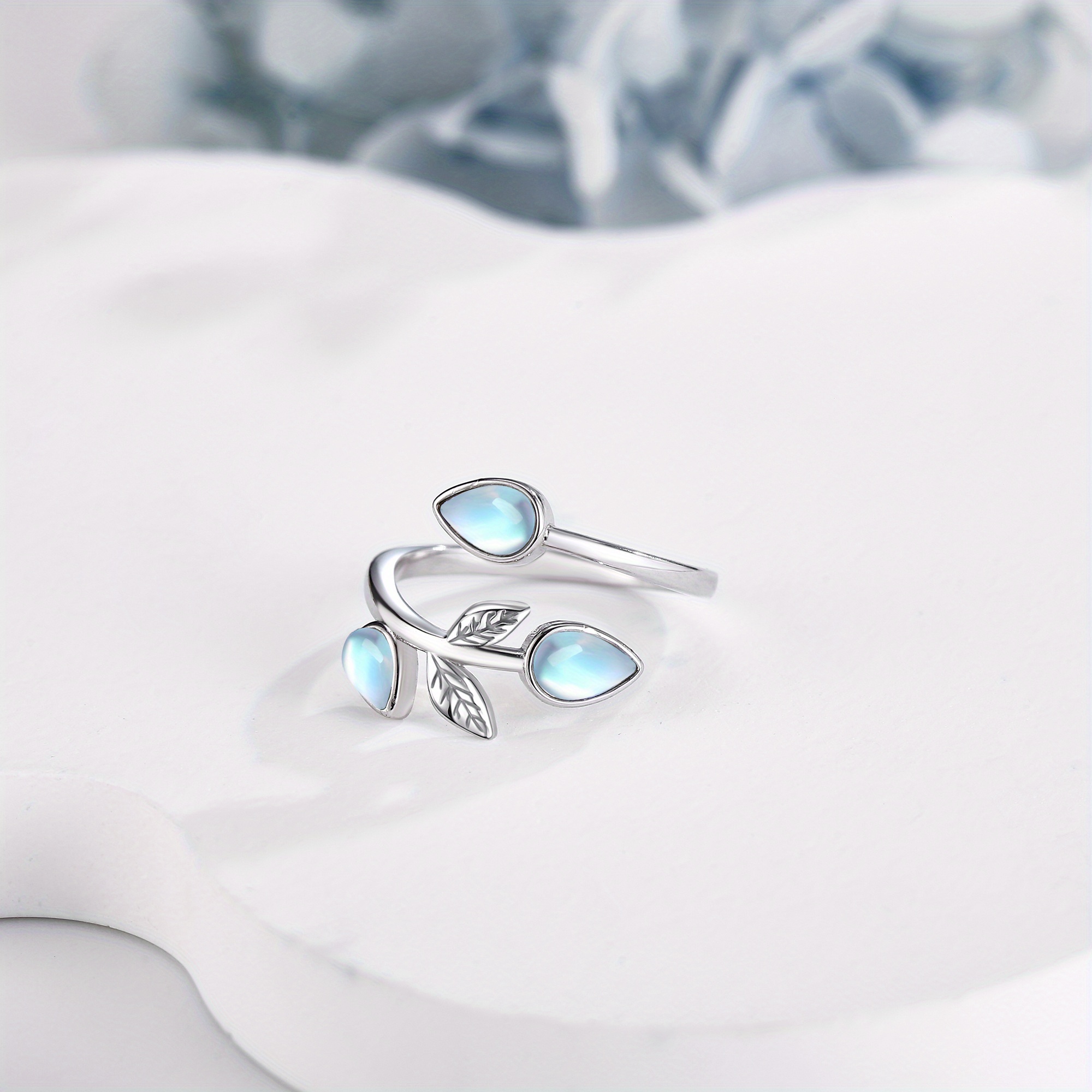 Moonstone Leaf Ring Adjustable Band Sterling Silver Boho Jewelry