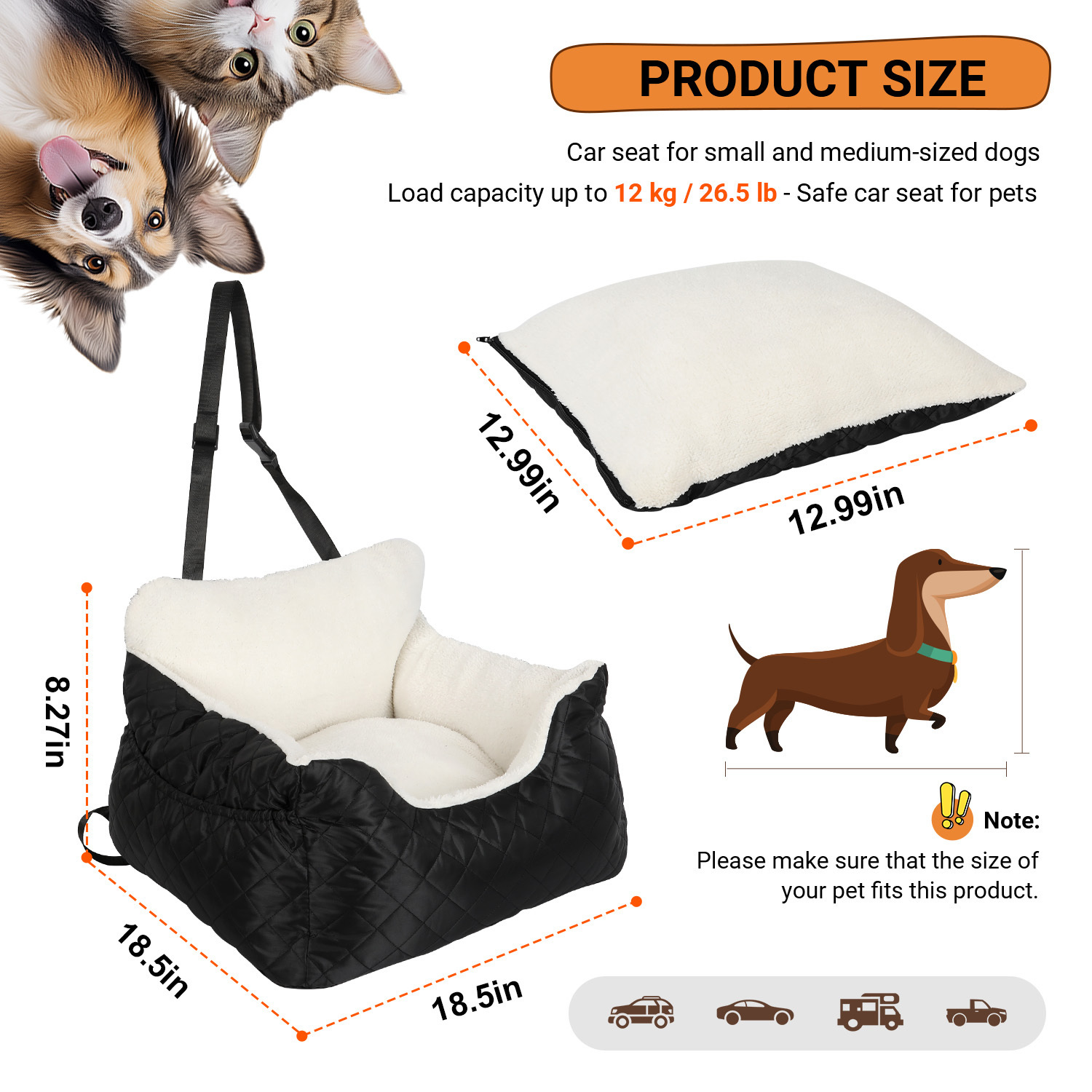 Car For Small Dogs | With Carrying Bag & Removable Leash | For Front/rear Of Car (black/)