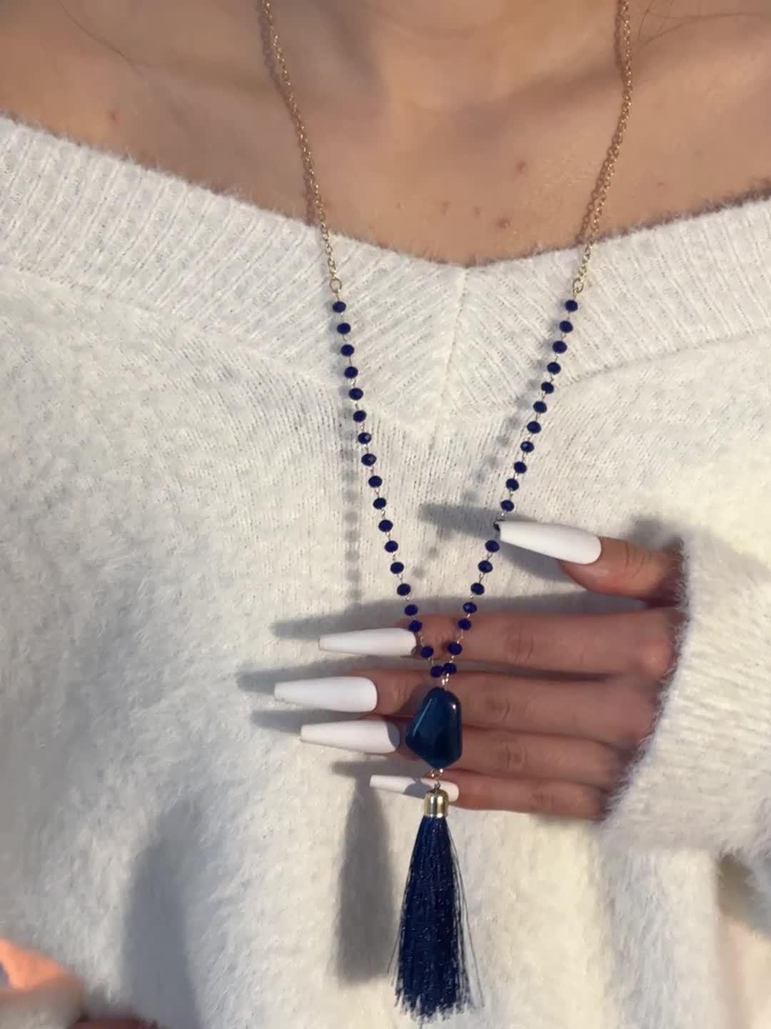 Crystal Stone Pendant Necklace with Tassel Cord
