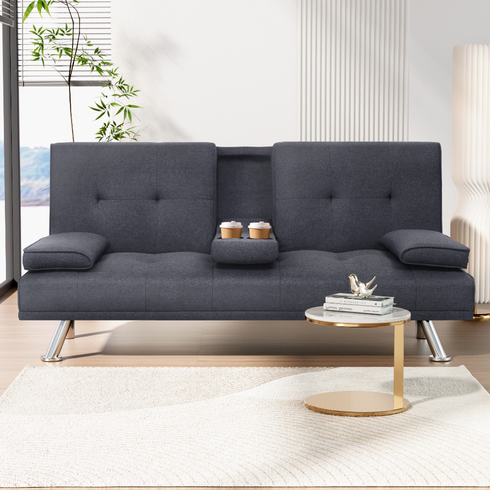 TEMU Artiss Sofa Bed Lounge Futon Couch Beds 3 Seater Convertible Cup Holder Fabric Dark Grey