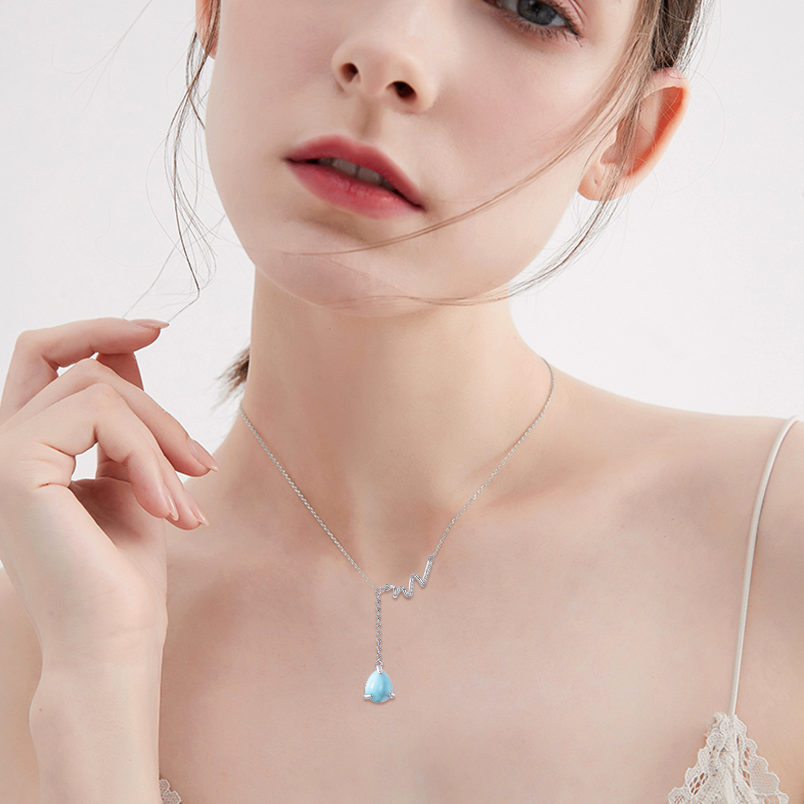 Sterling Silver Larimar Wave Necklace Y Shape Beach Jewelry