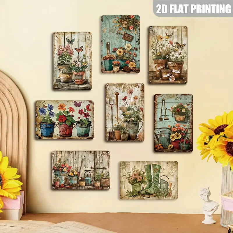 TEMU 2d Flat - 8pcs Retro Garden Wooden Sign Set | Featuring Gardening Tools And Plant Designs, Ideal For Decorating Homes, Gardens, Greenhouses,