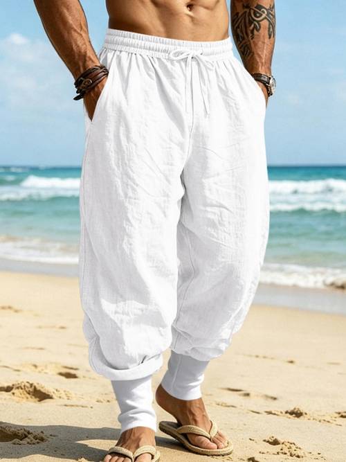 mens breathable beach commuting pants blocking loose cuff jogging drawstring trousers