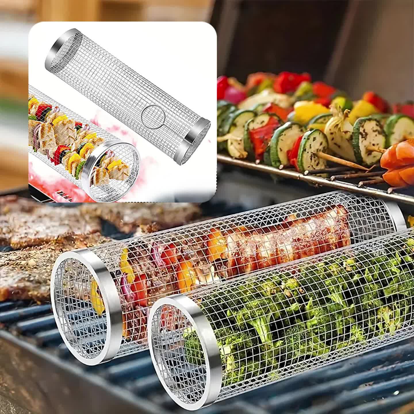 Rolling Grilling Basket, Bbq Net Tube Stainless Steel Barbecue