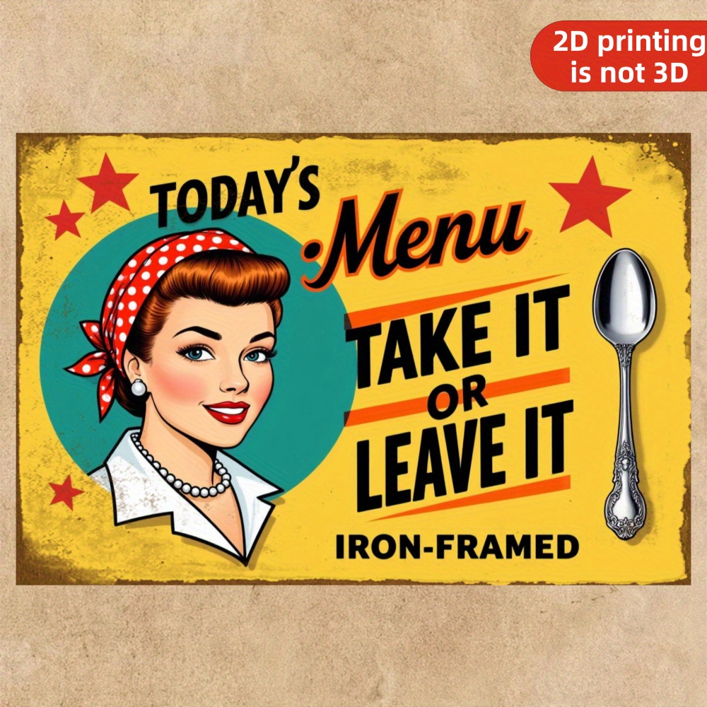 TEMU 2d Flat - 1pc Of A 2d Flat Retro Vintage Metal Sign Featuring With A Theme, Framed In Iron And With A Woman And Spoon Design. Perfect For