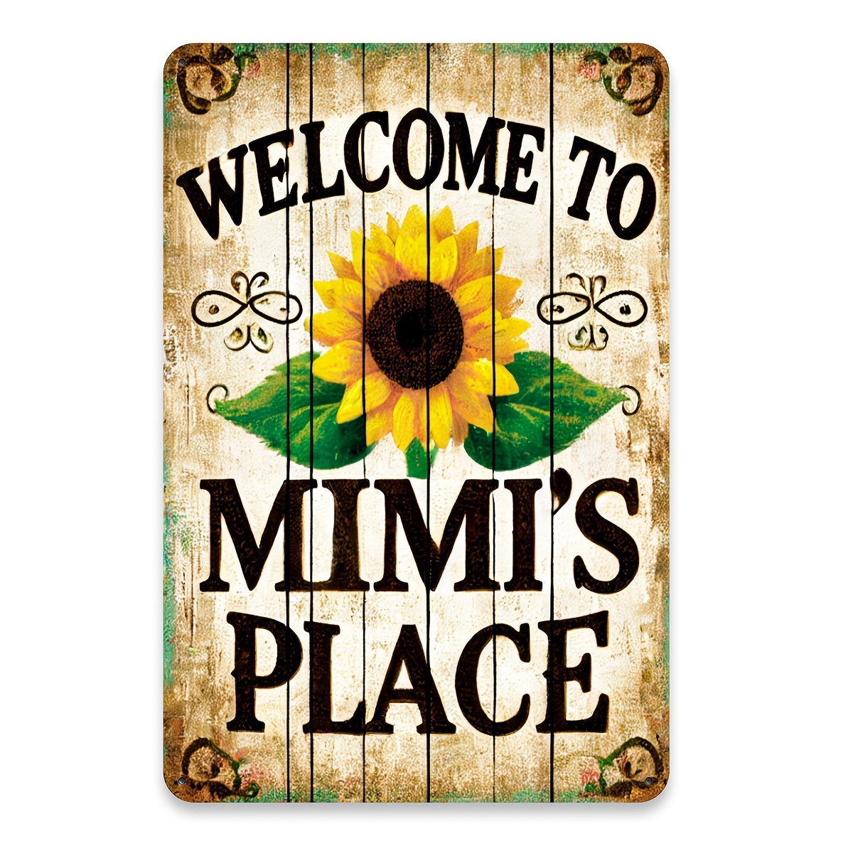 TEMU 2d Flat, 1pc Welcome To Mimi's Metal Wall Sign - Rustic Sunflower & Wooden Plaque With Wall-mounted Hanging Decor, Durable Iron / Decoration