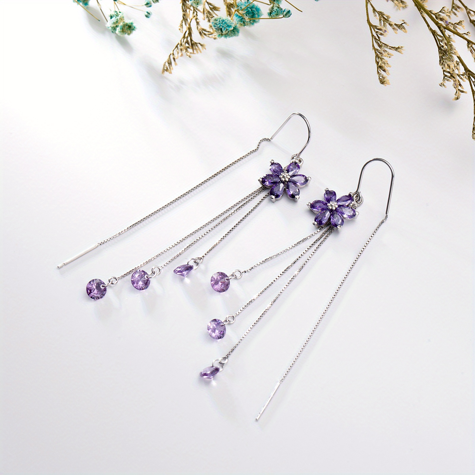 Image of Purple Flower Threader Daisy Dangle Earrings 925 Sterling Silver Long Chain Drop Pull Through Earrings Tassel Jewellery Christmas Gifts For Women