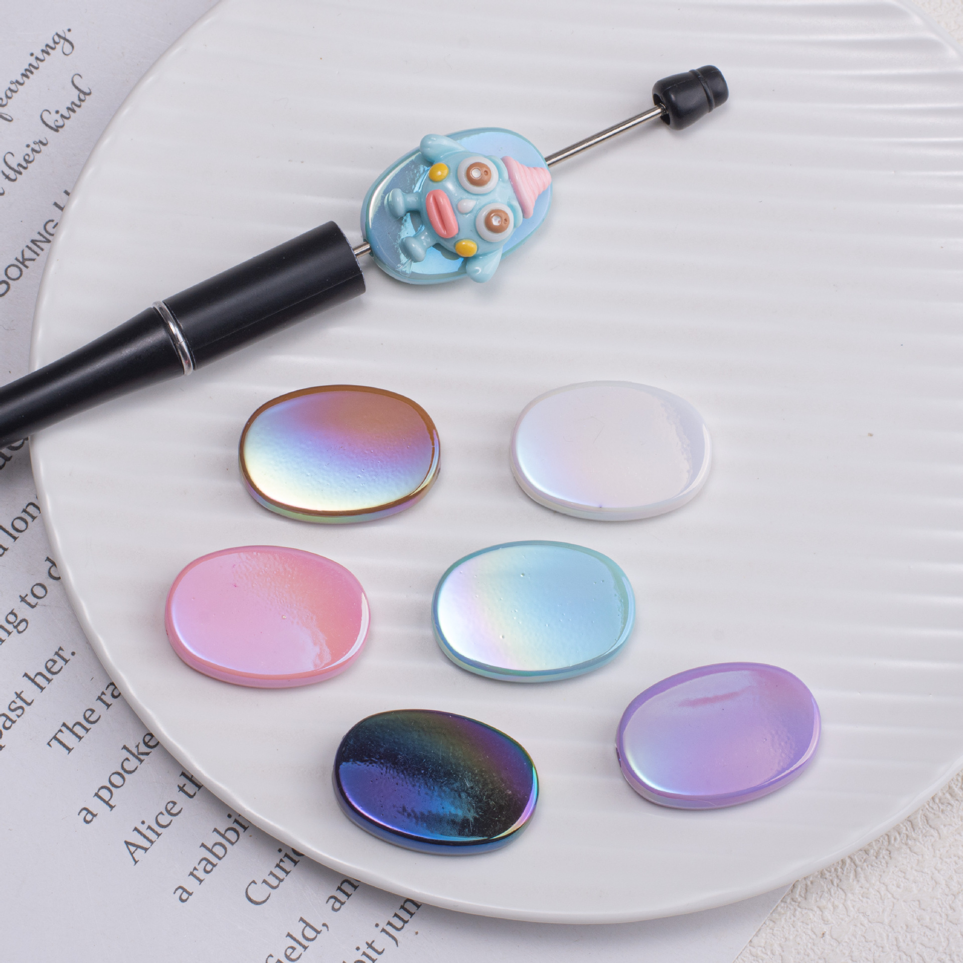 TEMU 30pcs/set Multicolor 21x30mm -coated Oval Decorative Pieces, Acrylic With Hand-painted Texture And Straight Holes For Phone Straps, Beaded Pens,