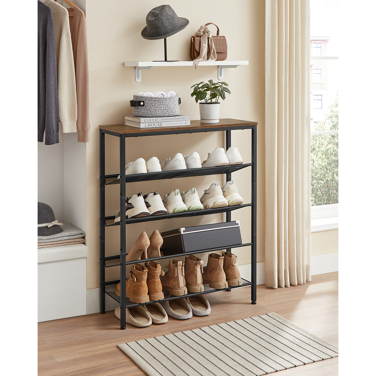 TEMU Étagère à chaussures, marron rustique et noir, organisateur d'étagère à chaussures à 5 niveaux pour entrée de placard avec étagères de rangement