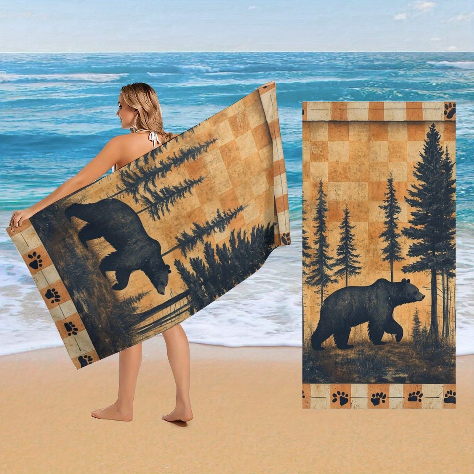 TEMU 29*58inch Extra Large Bath & Beach Towel | Quick-dry, Super Absorbent, Lightweight - Soft Microfiber Towel With In Forest Design | Brown/black -