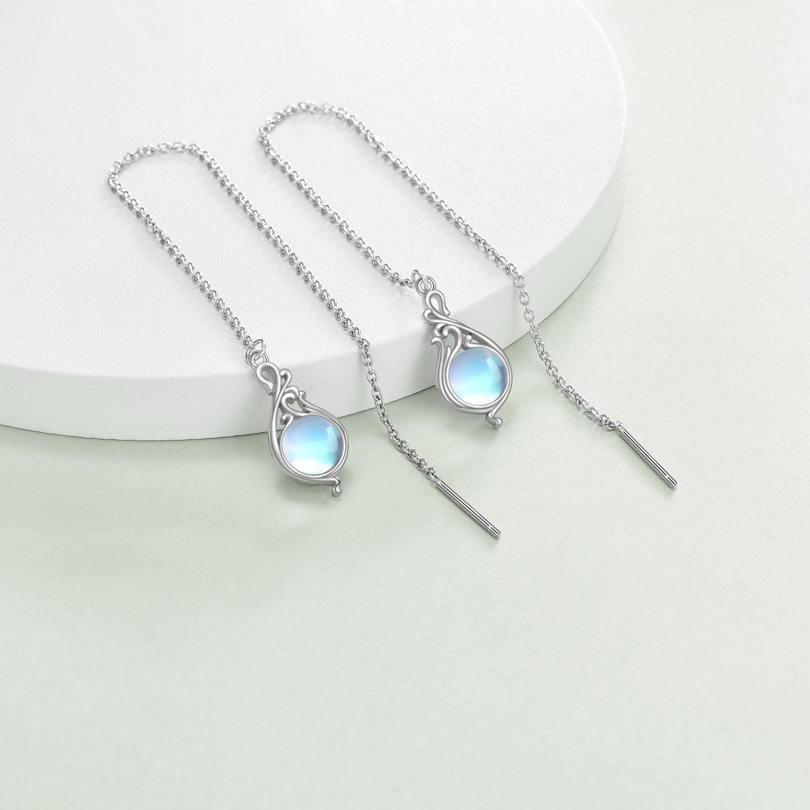Women's Filigree Moonstone Threader Earrings, Dangle Design
