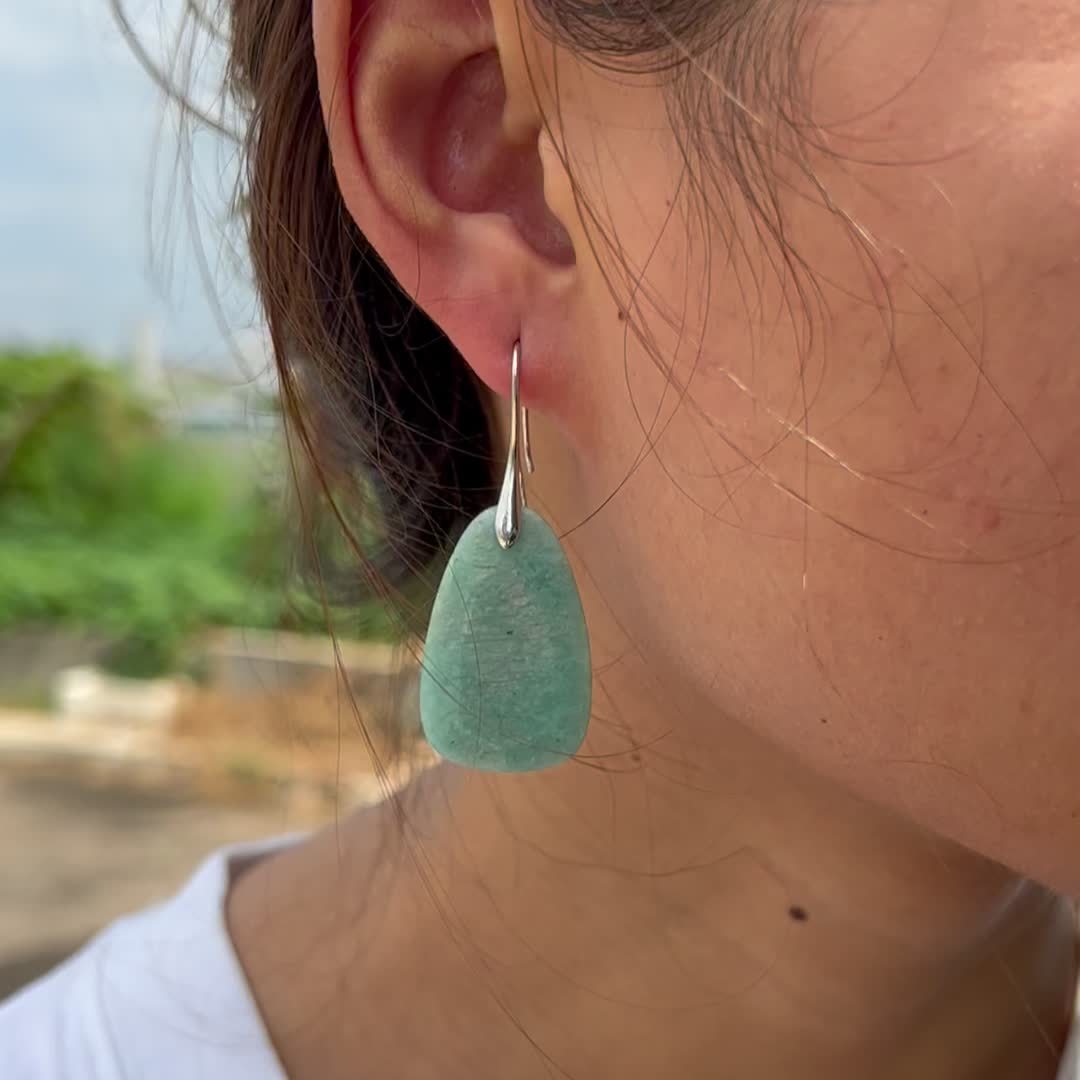 Teal Amazonite Dangle Earrings Natural Stone Copper Hooks