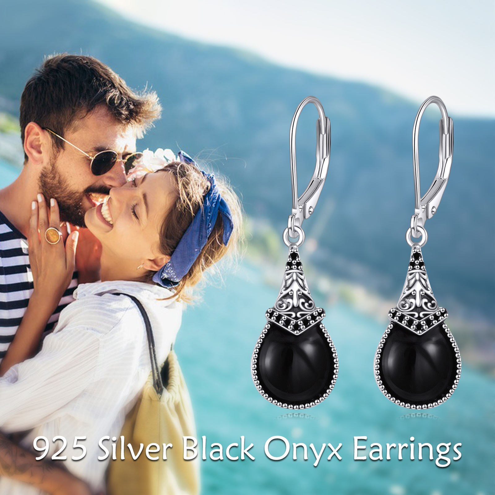 Image of Black Onyx Earrings 925 Sterling Silvery Black Onyx Lever Drop Earrings Vintage Jewelry For Women