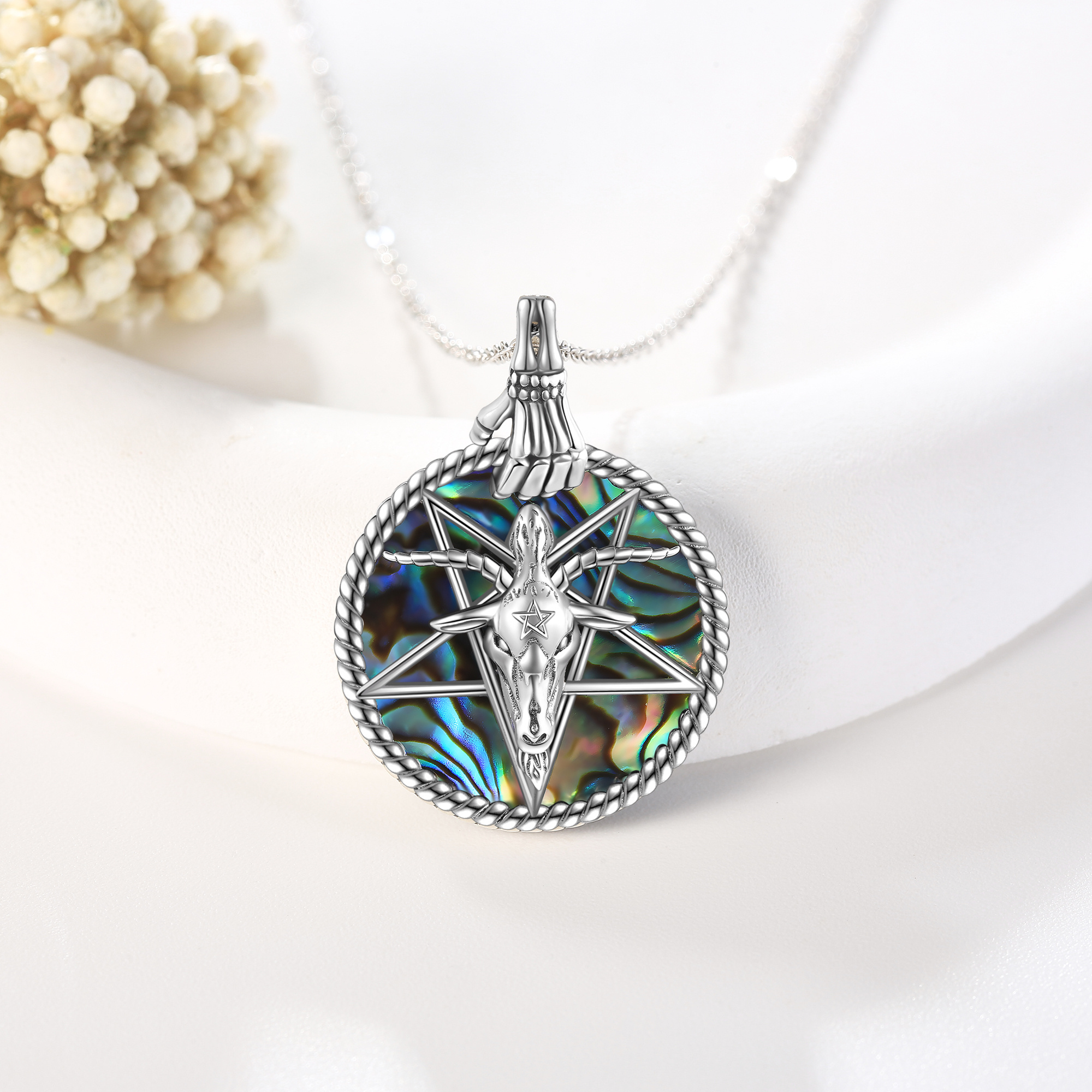 925 Sterling Silver Satanic Necklace with Abalone Shell