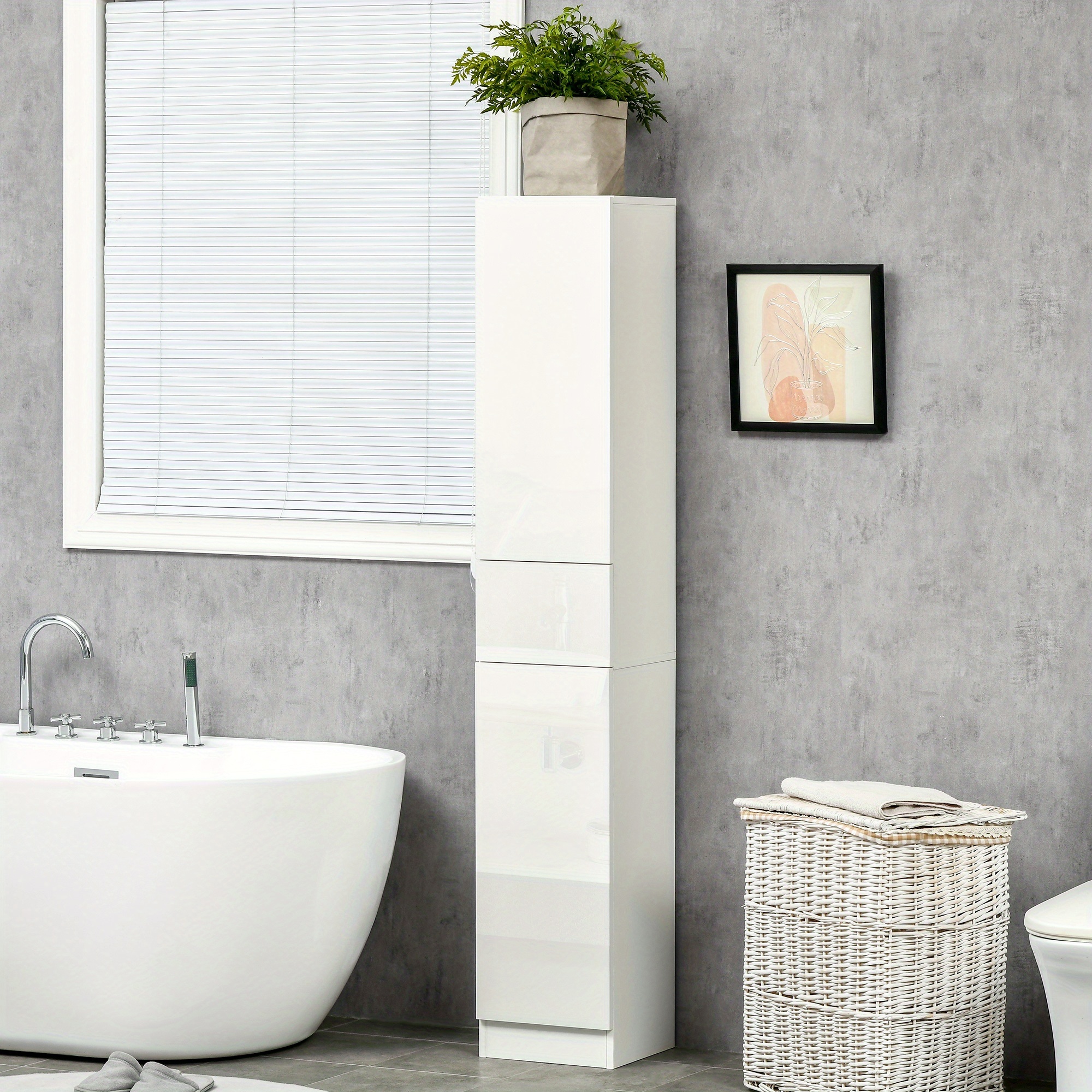 TEMU de rangement haute et étroite pour salle de bain kleankin, avec portes, tiroir et étagères réglables pour espaces, blanc brillant