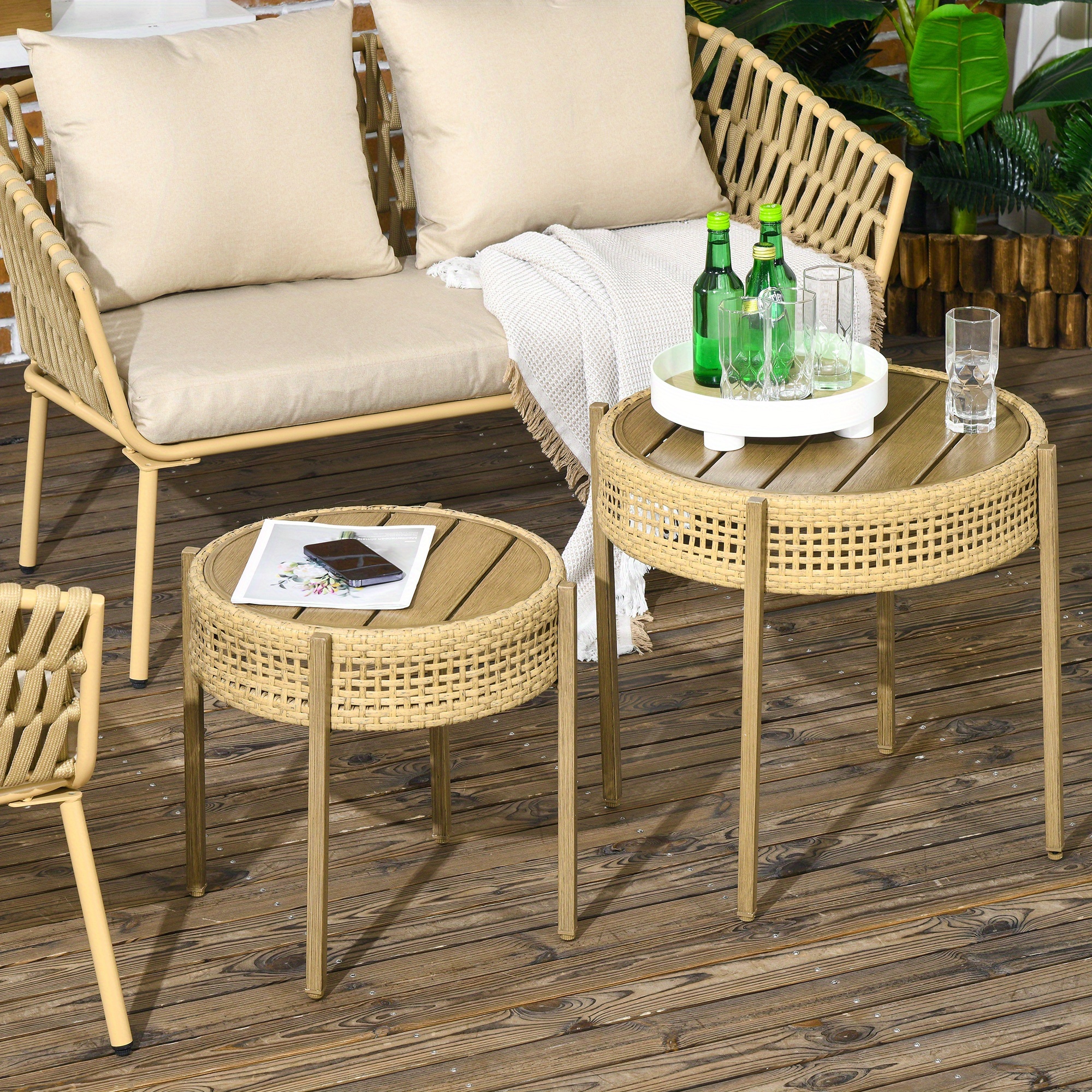 

Outsunny 2 Table Set, Pe End Table Set, Round Table Set, -, Slatted Metal Top,