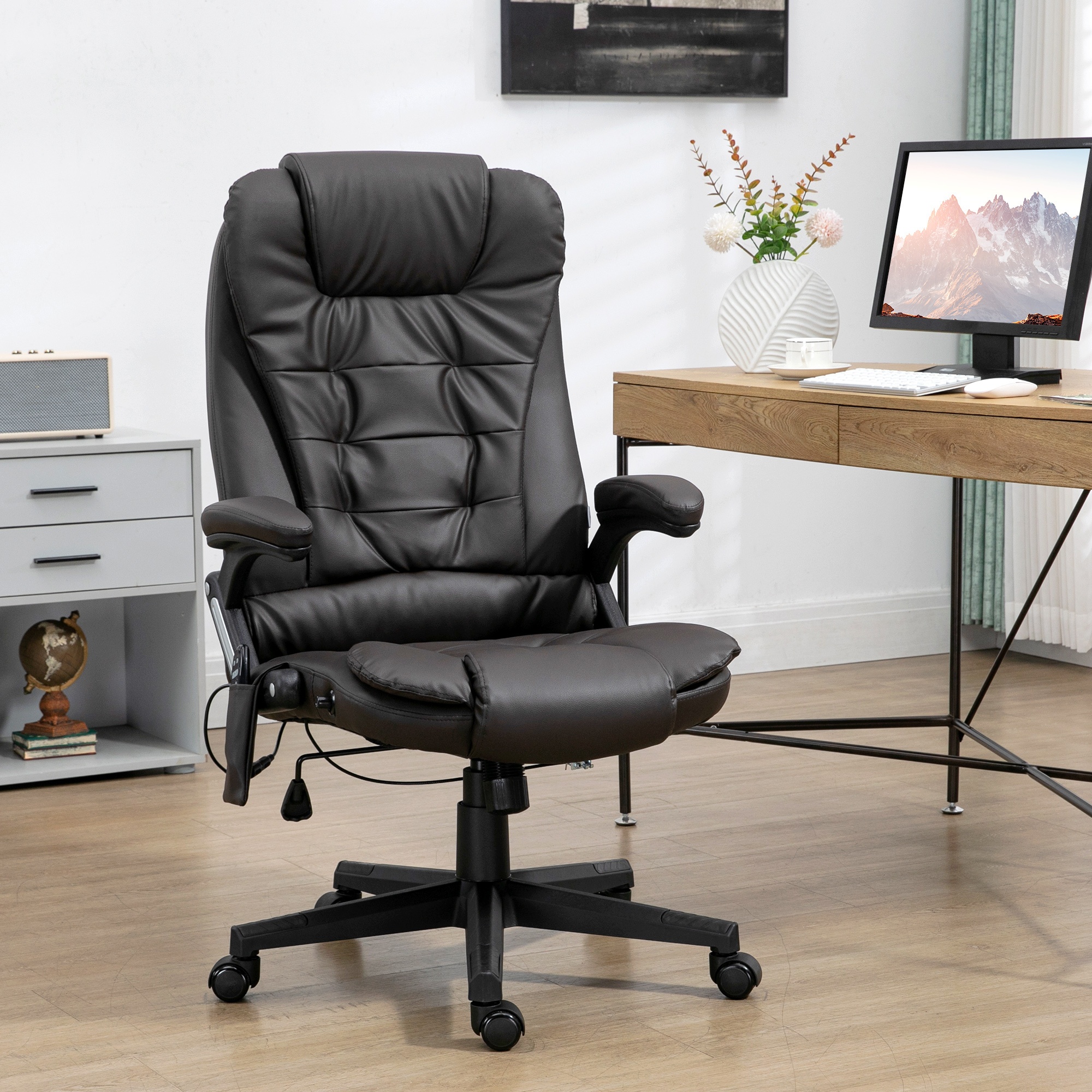 TEMU Chaise de bureau HOMCOM chauffante ergonomique de massage pivotante vibrante à dossier haut en similicuir (marron)