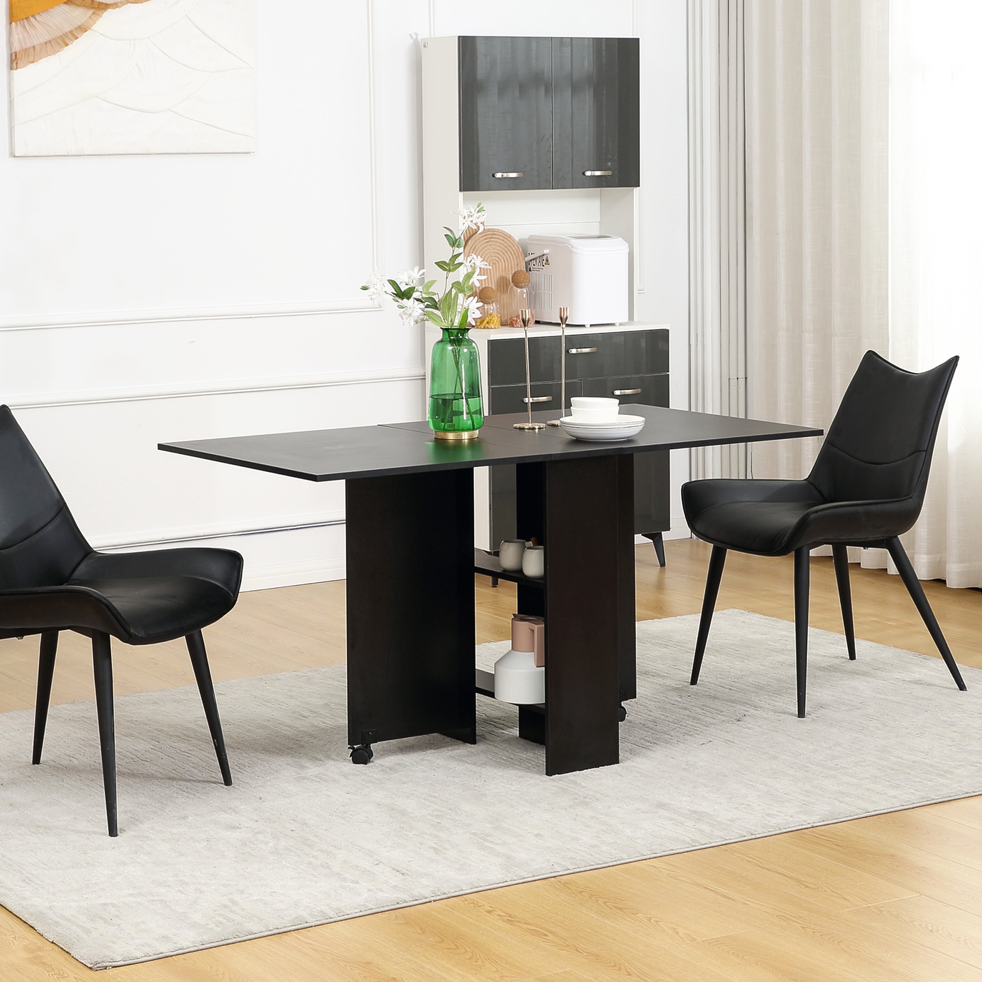 TEMU Table de salle à manger pliante HOMCOM, table à abattant pour espaces avec étagères à 2 niveaux, petite table de cuisine avec roulettes, noir