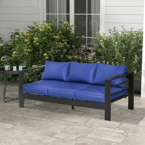 1pc 69 modern patio sofa aluminum frame with thick 3 seater garden seating conversation furniture with wide armrests and back cushions navy blue