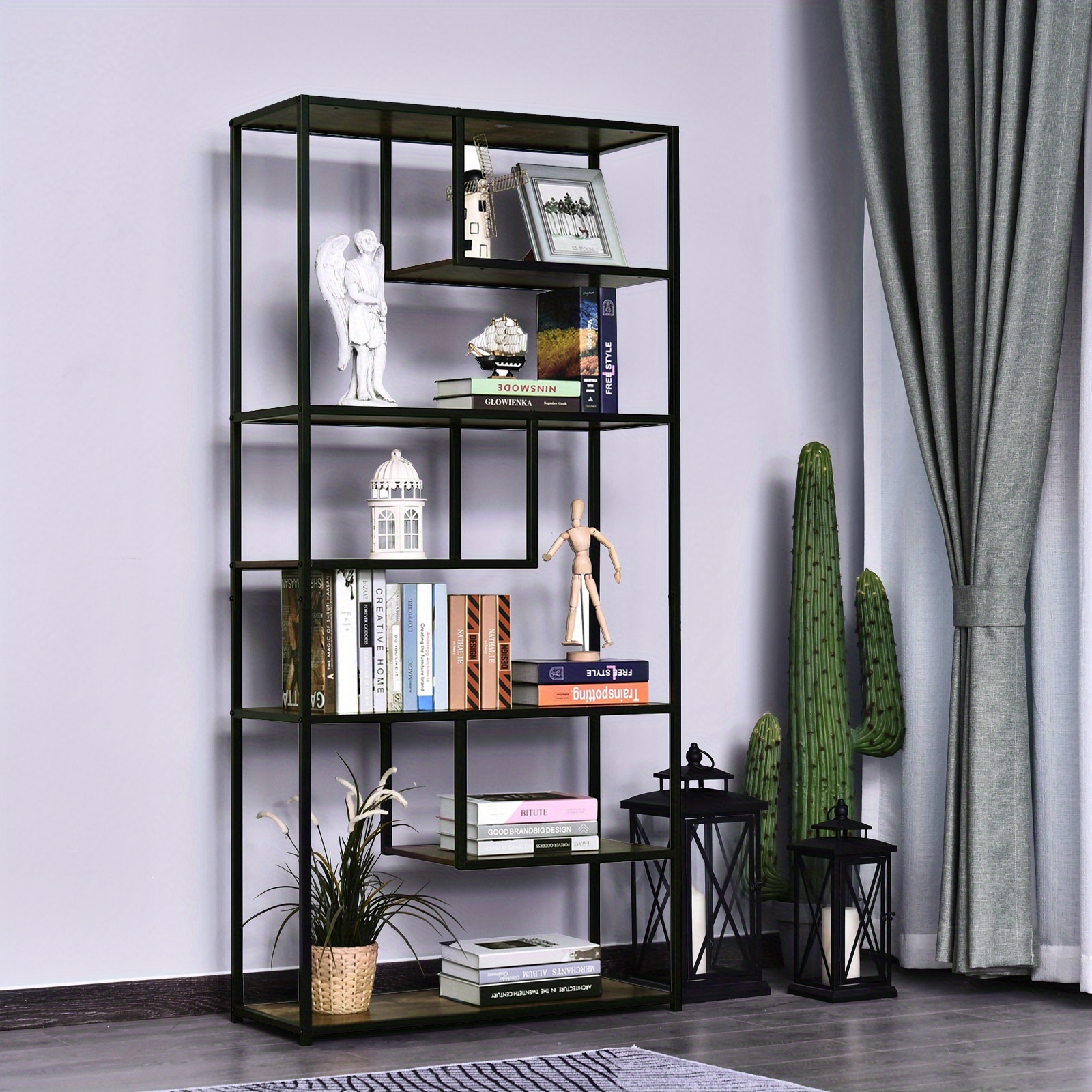 6-Tier Industrial Tall Bookcase with Steel Frame for Home Office