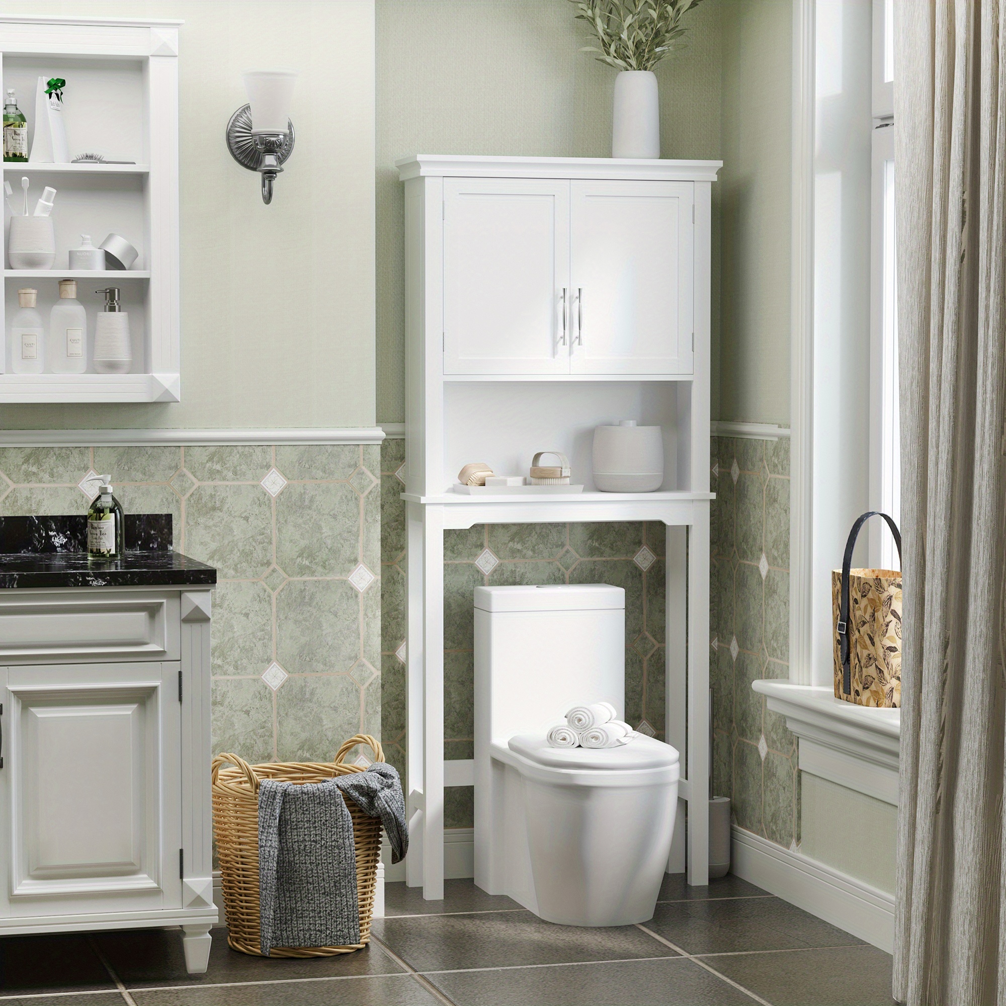 TEMU Meuble de rangement Kleankin à placer le siège, organisateur de salle de bain avec double porte, étagère réglable et étagère ouverte, en blanc