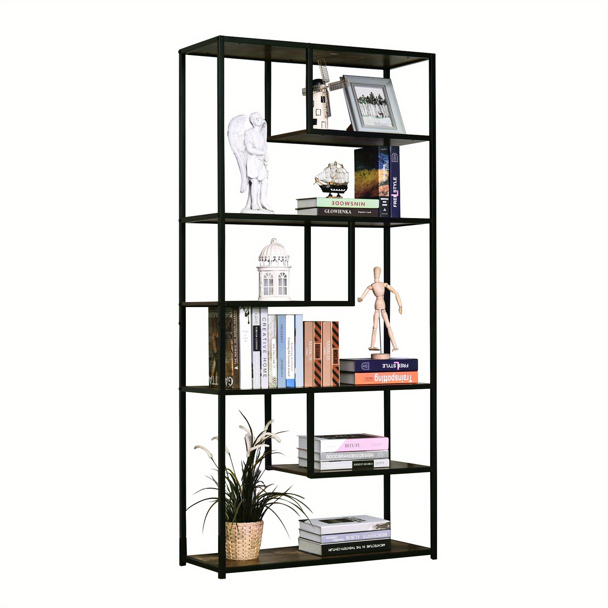 6-Tier Industrial Tall Bookcase with Steel Frame for Home Office