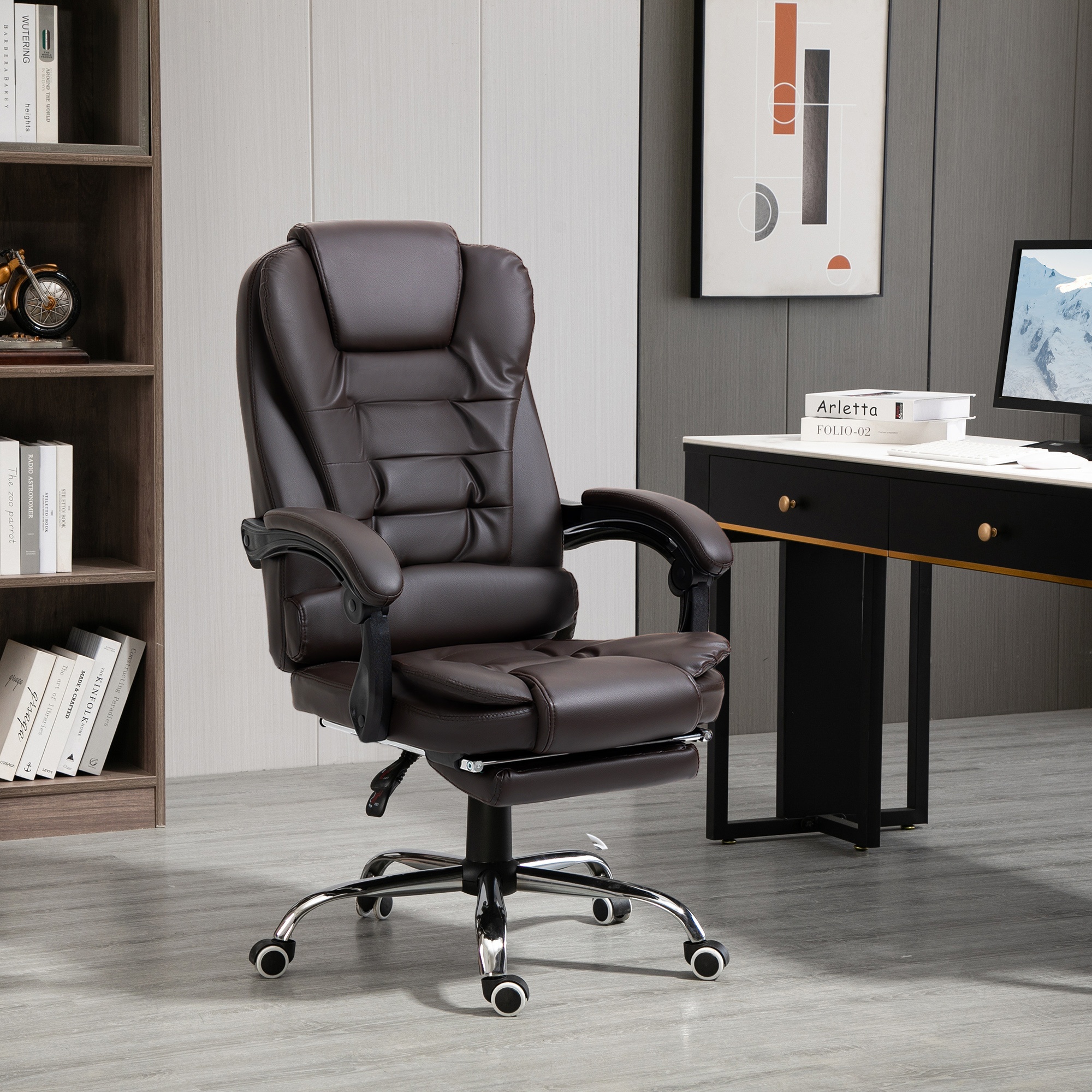 TEMU Fauteuil de direction HOMCOM à dossier haut en cuir PU inclinable avec repose-pieds rétractable et accoudoirs rembourrés café