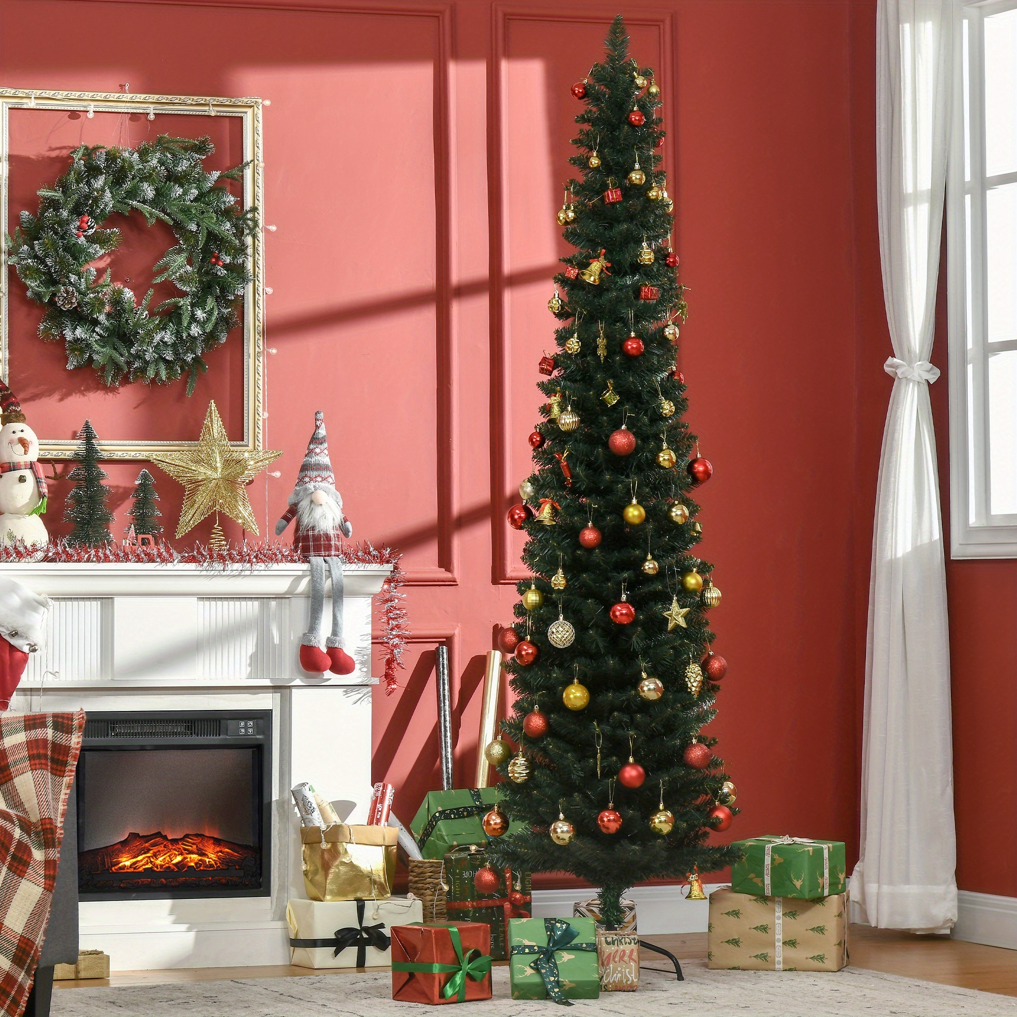 TEMU Sapin de Noël artificiel HOMCOM de 7 pieds, sapin crayon de Noël, décoration intérieure avec support noir pliable pour fête, vert