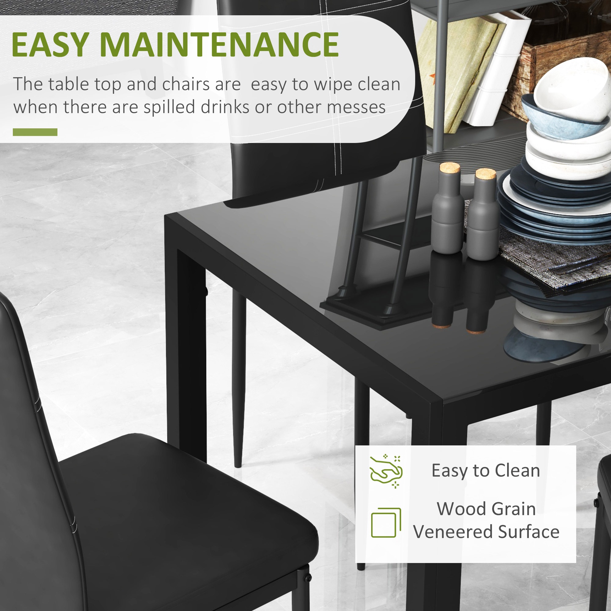 Dining Table Set for 4, 5-Piece Rectangular Glass Kitchen Table and  Chairs with Metal Frame and Leather Upholstery for Dining Room, Living