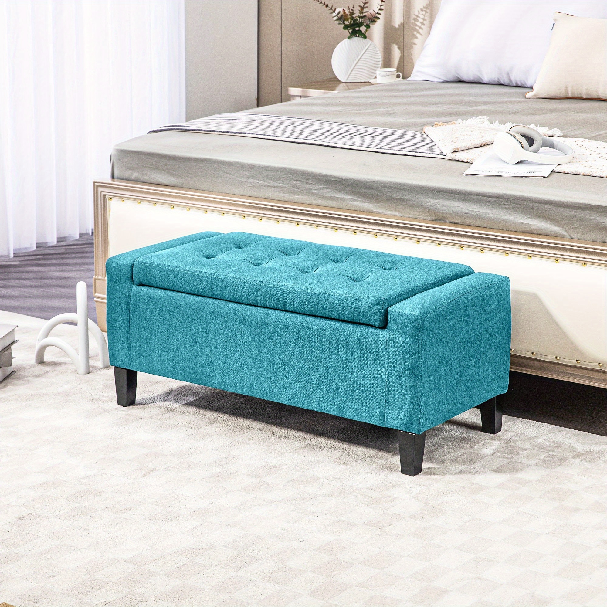 TEMU Banc de rangement HOMCOM en tissu imitation lin capitonné avec coffre et dessus relevable, vert