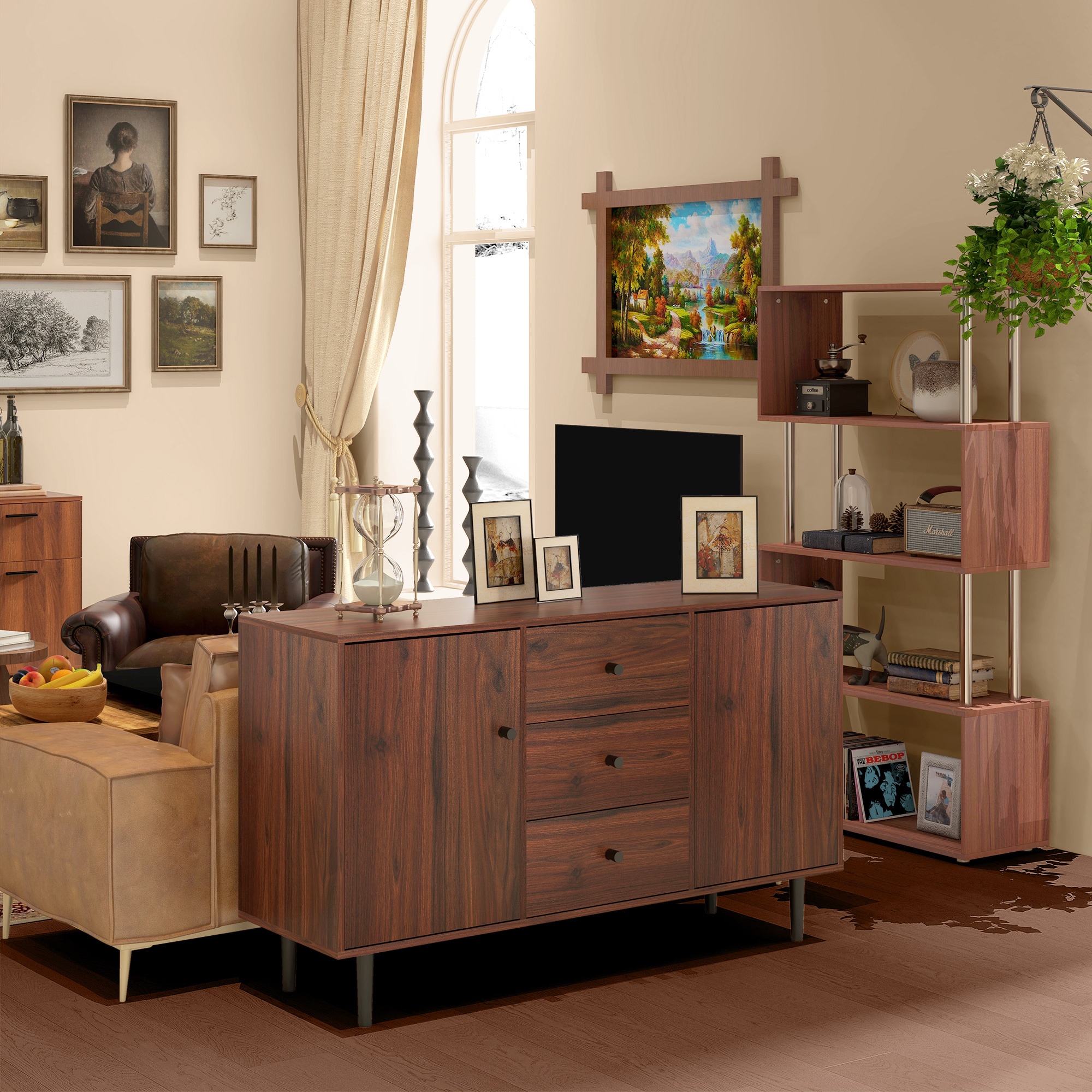 TEMU Armoire de rangement de cuisine HOMCOM, buffet vintage, meuble de bar à café avec 2 placards, 3 tiroirs, étagères réglables et pieds en bois,
