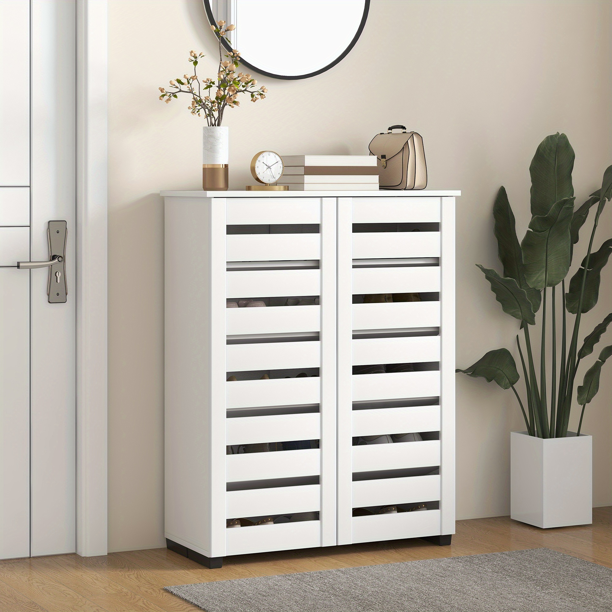 TEMU Meuble à chaussures fin HOMCOM avec 2 portes à lattes, étagère à 5 niveaux pour 15 paires de chaussures, meuble de rangement étroit pour entrée,