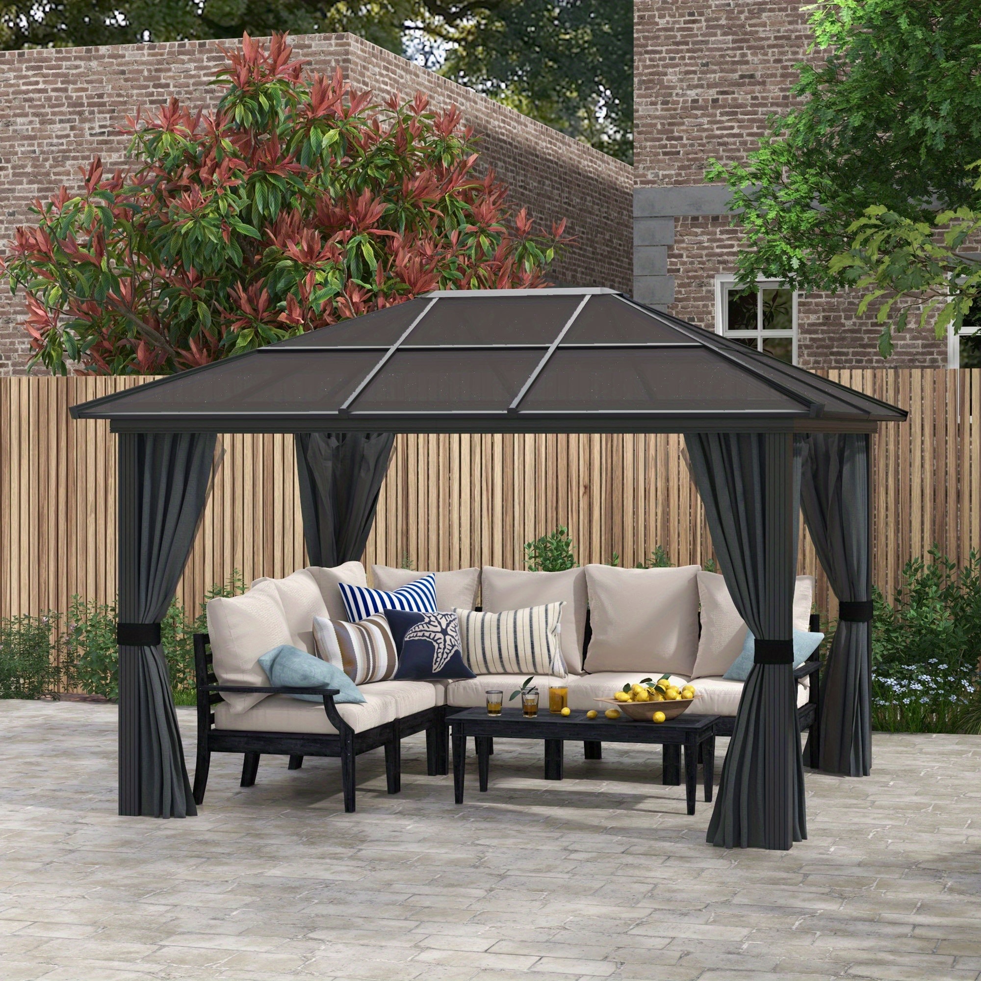   3 x 3 6m   gazebo canopy with polycarbonate roof aluminium frame permanent   garden gazebo with netting and curtains for patio deck dark grey details 0