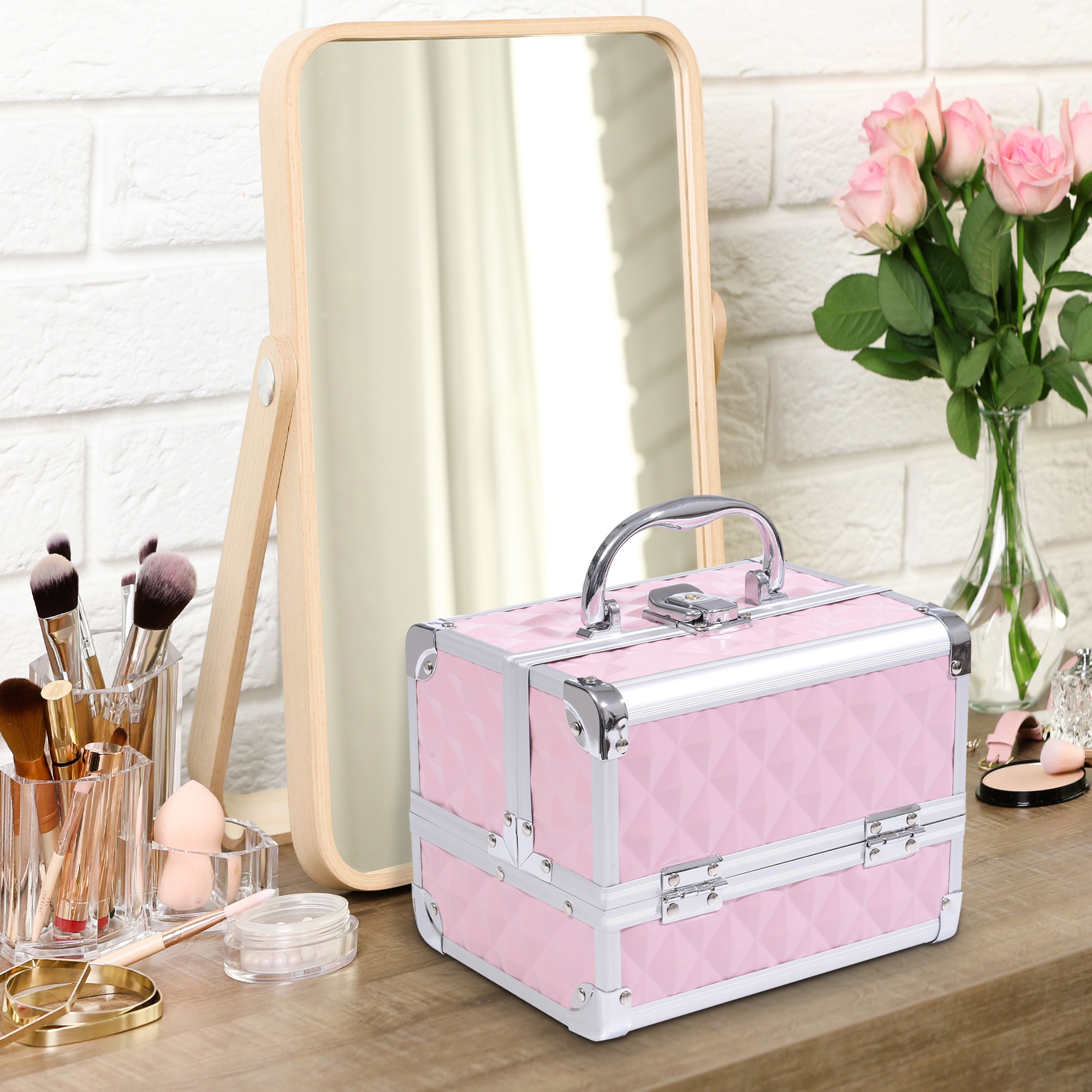 TEMU HOMCOM Coffret de Cosmétique 3 niveaux à texture diamant, organiseur de cosmétiques avec , 8"x6"x6", rose
