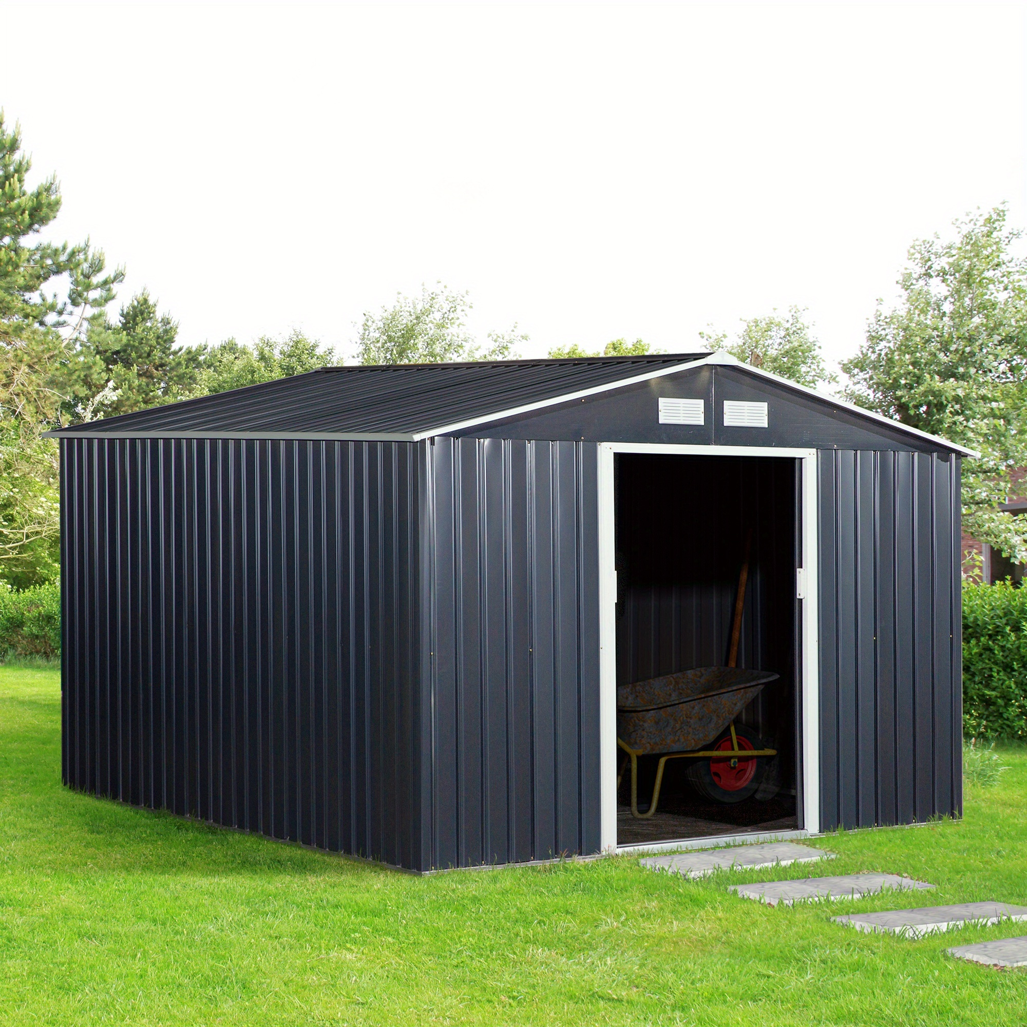 TEMU Abri de jardin en métal Outsunny 9' x 11' avec kit de , abri à outils de jardin avec double portes coulissantes, 4 évents d'aération pour , , la