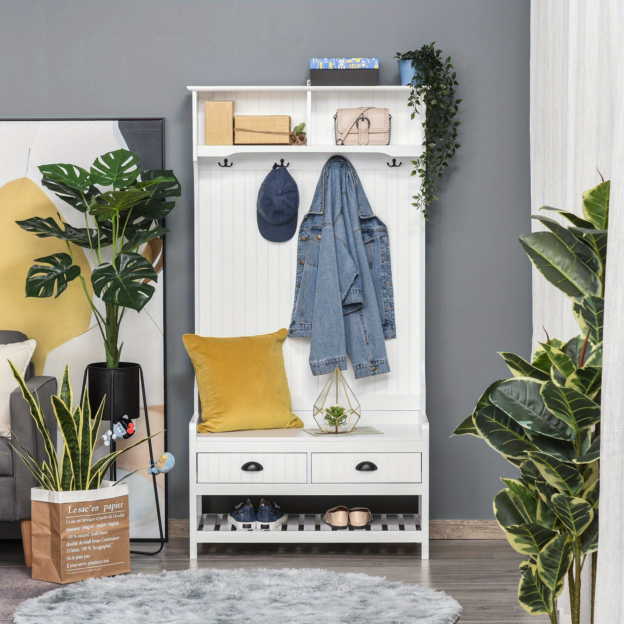 TEMU HOMCOM Portemanteau, Porte-manteau, Banc de rangement pour chaussures avec porte-manteau, tiroirs Coussin de siège rembourré pour entrée Couloir